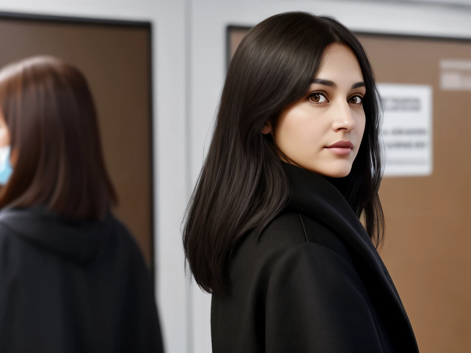 ultrarealism, middle-aged woman, brown eyes, shoulder-length black hair in a black coat voting room
