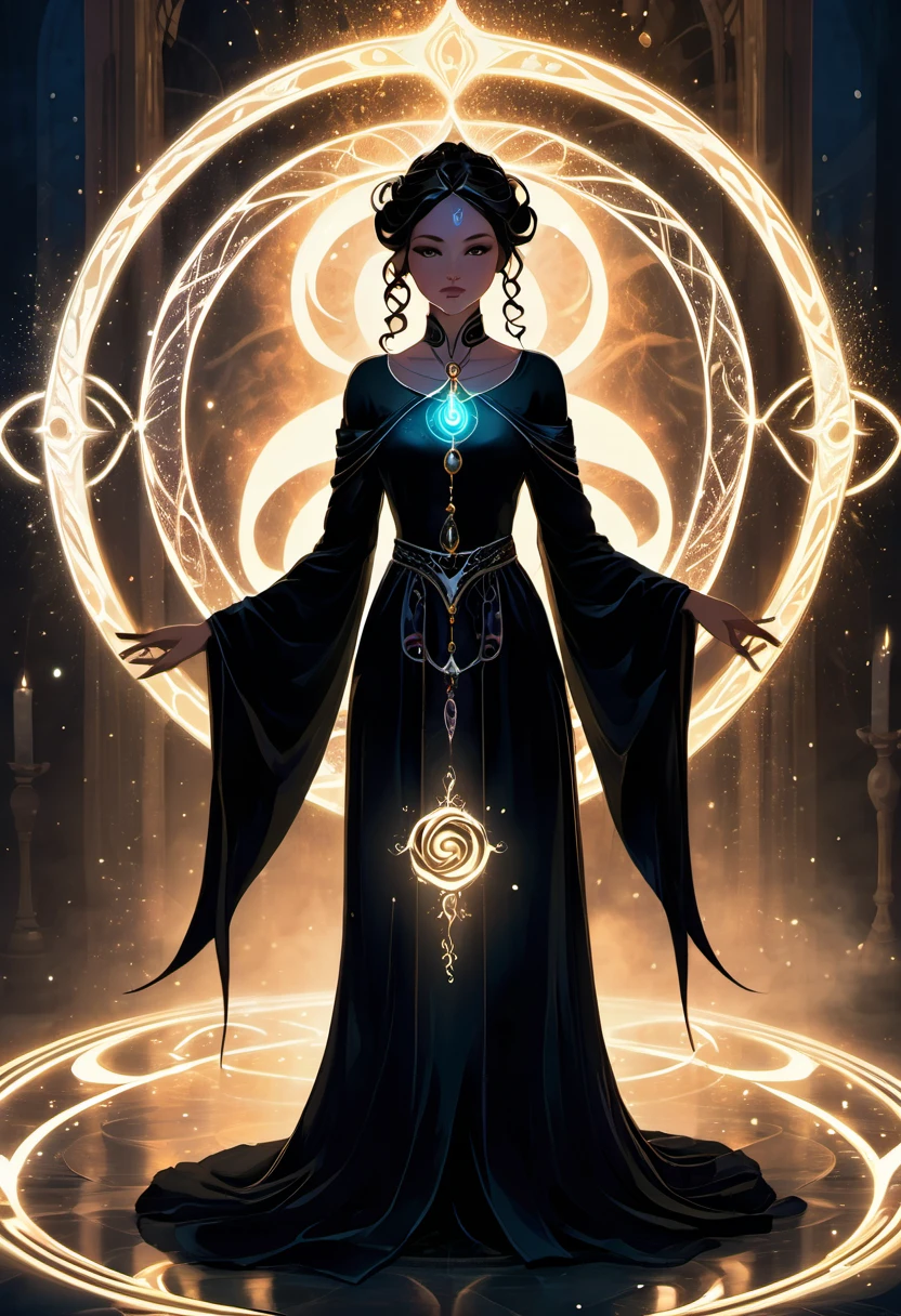 (a girl standing in the center of a magic circle),dark sorcery,detailed engravings,glowing sigils,ancient symbols,spellbinding atmosphere,mystical aura,elaborate patterns,magical flames,flickering candles,smoke swirling,ethereal mist,mysterious glow,dramatic lighting,witchcraft,magical elements,powerful energy,enchanted atmosphere,otherworldly beauty,alluring magic,mesmerizing scene,unearthly power,transcendent charm,beautifully haunting,majestic presence,ethereal essence,intricate design,spell casting,dark and mysterious,magical incantations,whispers of enchantment,spellbound by her presence,dimly lit chamber,supernatural energy,sorceress in the spotlight,entrancing spell,dark arts,mesmerizing movements