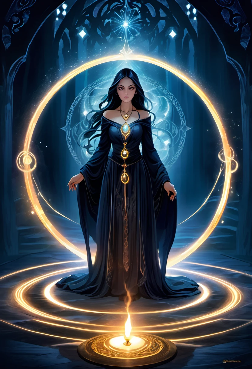 (a girl standing in the center of a magic circle),dark sorcery,detailed engravings,glowing sigils,ancient symbols,spellbinding atmosphere,mystical aura,elaborate patterns,magical flames,flickering candles,smoke swirling,ethereal mist,mysterious glow,dramatic lighting,witchcraft,magical elements,powerful energy,enchanted atmosphere,otherworldly beauty,alluring magic,mesmerizing scene,unearthly power,transcendent charm,beautifully haunting,majestic presence,ethereal essence,intricate design,spell casting,dark and mysterious,magical incantations,whispers of enchantment,spellbound by her presence,dimly lit chamber,supernatural energy,sorceress in the spotlight,entrancing spell,dark arts,mesmerizing movements