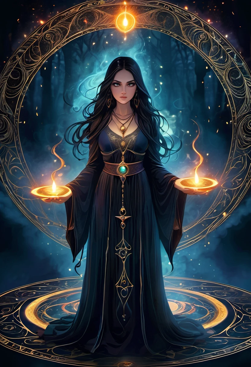 (a girl standing in the center of a magic circle),dark sorcery,detailed engravings,glowing sigils,ancient symbols,spellbinding atmosphere,mystical aura,elaborate patterns,magical flames,flickering candles,smoke swirling,ethereal mist,mysterious glow,dramatic lighting,witchcraft,magical elements,powerful energy,enchanted atmosphere,otherworldly beauty,alluring magic,mesmerizing scene,unearthly power,transcendent charm,beautifully haunting,majestic presence,ethereal essence,intricate design,spell casting,dark and mysterious,magical incantations,whispers of enchantment,spellbound by her presence,dimly lit chamber,supernatural energy,sorceress in the spotlight,entrancing spell,dark arts,mesmerizing movements