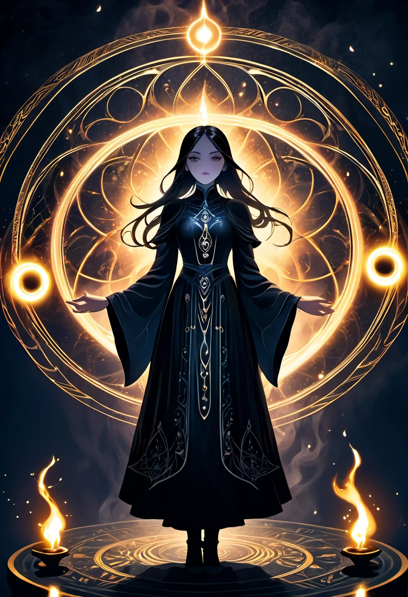 (a girl standing in the center of a magic circle),dark sorcery,detailed engravings,glowing sigils,ancient symbols,spellbinding atmosphere,mystical aura,elaborate patterns,magical flames,flickering candles,smoke swirling,ethereal mist,mysterious glow,dramatic lighting,witchcraft,magical elements,powerful energy,enchanted atmosphere,otherworldly beauty,alluring magic,mesmerizing scene,unearthly power,transcendent charm,beautifully haunting,majestic presence,ethereal essence,intricate design,spell casting,dark and mysterious,magical incantations,whispers of enchantment,spellbound by her presence,dimly lit chamber,supernatural energy,sorceress in the spotlight,entrancing spell,dark arts,mesmerizing movements