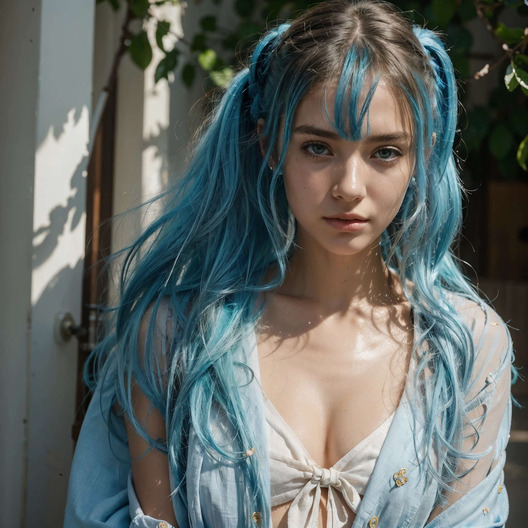 (masterpiece), (best quality), (Ultra-detailed), (disheveled hair), (illustration), (a girl), (fashionable clothes), Permanently installed, fashion model, bystander, (interview), (simple background), Exquisite and beautiful eyes, Exquisite and beautiful face, floating, (high saturation), (colorful splash), Colorful bubbles, (shine), focus on face, ponytail, light blue hair, Bangs, hair tie, floating Flowers, floating Hairs, (Shiny), best lighting, Best shadows