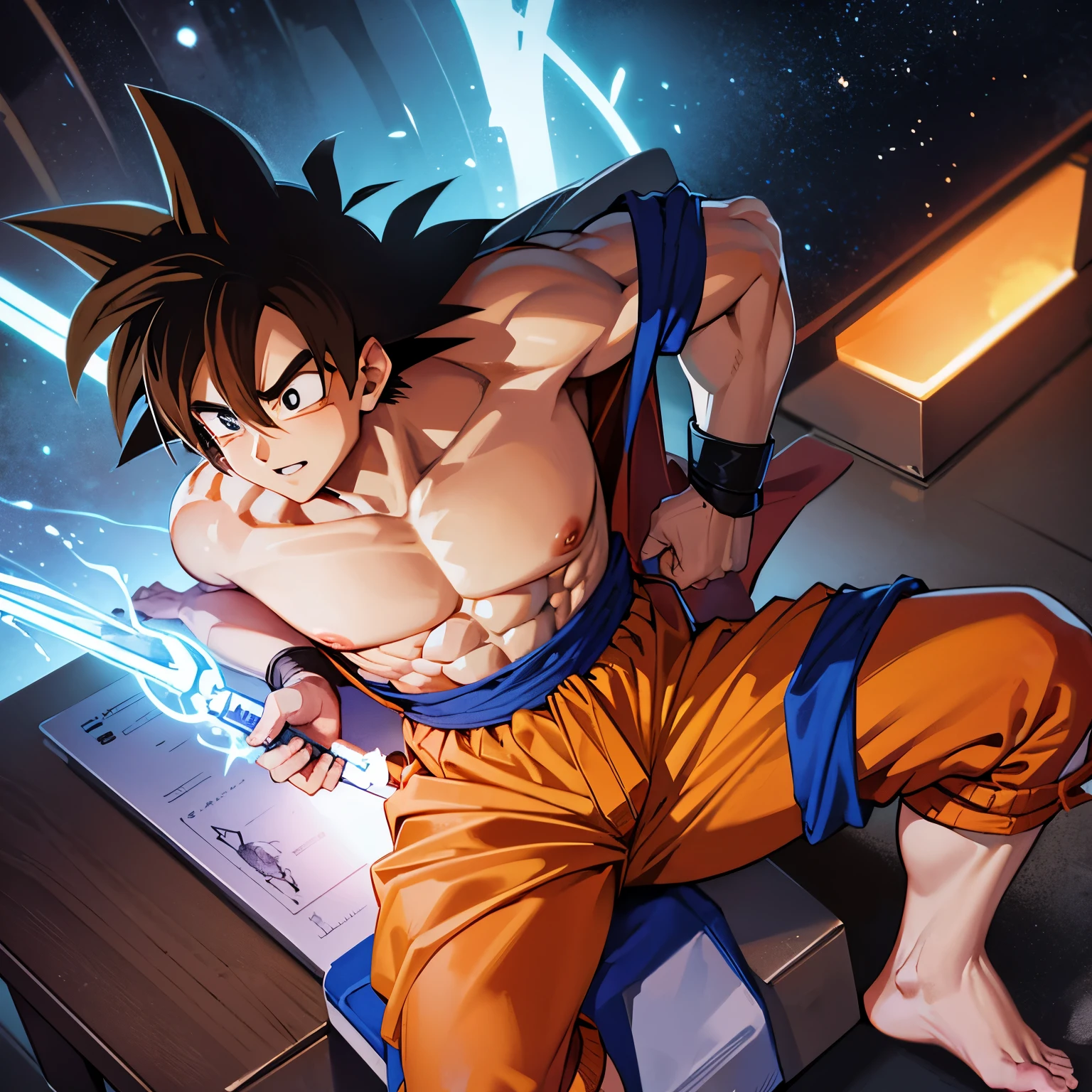 Goku injecting himself with titan serum on spine