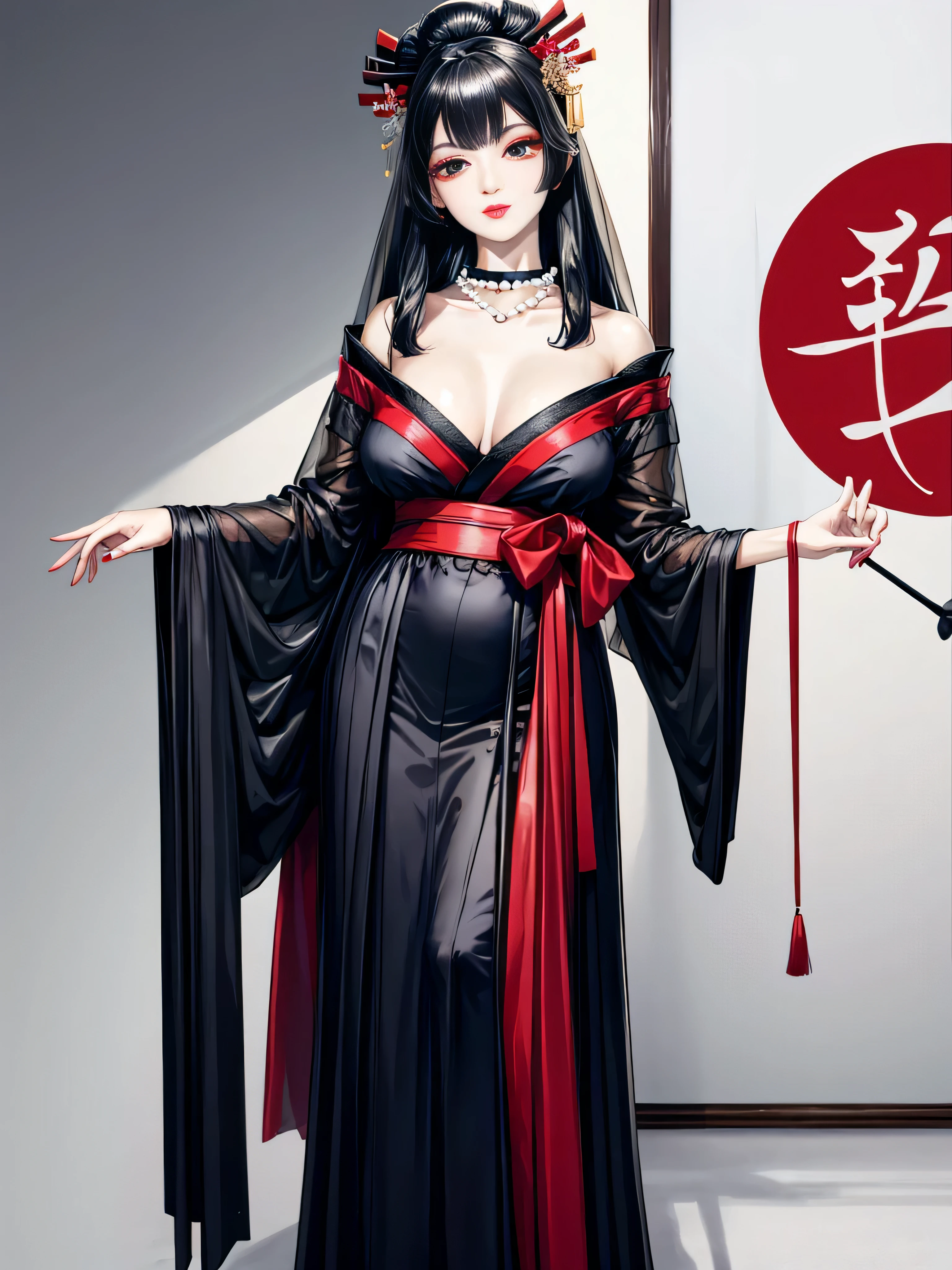 highest quality,masterpiece,shape,an very detailed and beautiful,very detailed,CG,unity,8k wallpaper,wonderful,finely,master,highest quality,1 female, mature woman, red lips, Calm, intellectual, silk glossy see-through,black face veil , black nylons , silk stockings ,See-through Hakama、transparent black kimono ,sheer lingerie,enamel high heels,pearl necklace,red collar,straight, black eye,セミロングの黒髪straight, hair ornaments, Japanese style room, navy eyeshadow,Enamel Pin Heel