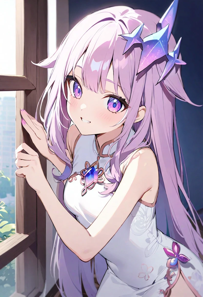 ancient stone jewelry/(Holographic live broadcast/),(beautiful anime girl,Wearing white cheongsam,Strike a charming pose on the windowsill)