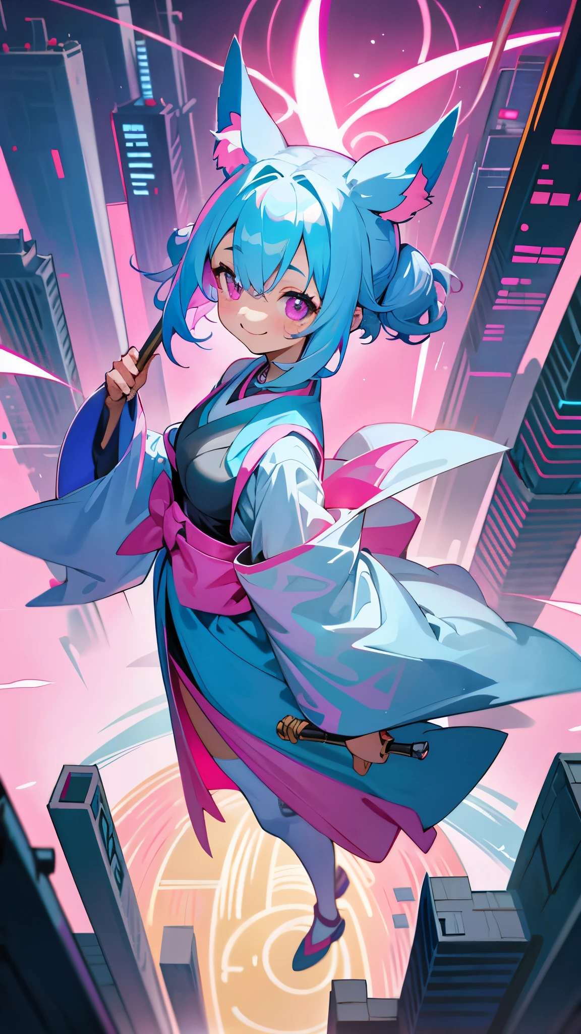 1girl、small breasts、light blue hair、dog ears、pink eyes、A big smile、wizard costume、city of the future、Being in the center of the intersection、Japan Akihabara、vivid colorful paintings、has a cane