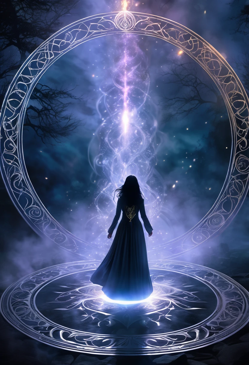 (a girl standing in the center of a magic circle),dark sorcery,detailed engravings,glowing sigils,ancient symbols,spellbinding atmosphere,mystical aura,elaborate patterns,magical flames,flickering candles,smoke swirling,ethereal mist,mysterious glow,dramatic lighting,witchcraft,magical elements,powerful energy,enchanted atmosphere,otherworldly beauty,alluring magic,mesmerizing scene,unearthly power,transcendent charm,beautifully haunting,majestic presence,ethereal essence,intricate design,spell casting,dark and mysterious,magical incantations,whispers of enchantment,spellbound by her presence,dimly lit chamber,supernatural energy,sorceress in the spotlight,entrancing spell,dark arts,mesmerizing movements