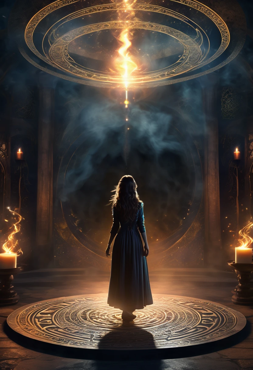 (a girl standing in the center of a magic circle),dark sorcery,detailed engravings,glowing sigils,ancient symbols,spellbinding atmosphere,mystical aura,elaborate patterns,magical flames,flickering candles,smoke swirling,ethereal mist,mysterious glow,dramatic lighting,witchcraft,magical elements,powerful energy,enchanted atmosphere,otherworldly beauty,alluring magic,mesmerizing scene,unearthly power,transcendent charm,beautifully haunting,majestic presence,ethereal essence,intricate design,spell casting,dark and mysterious,magical incantations,whispers of enchantment,spellbound by her presence,dimly lit chamber,supernatural energy,sorceress in the spotlight,entrancing spell,dark arts,mesmerizing movements