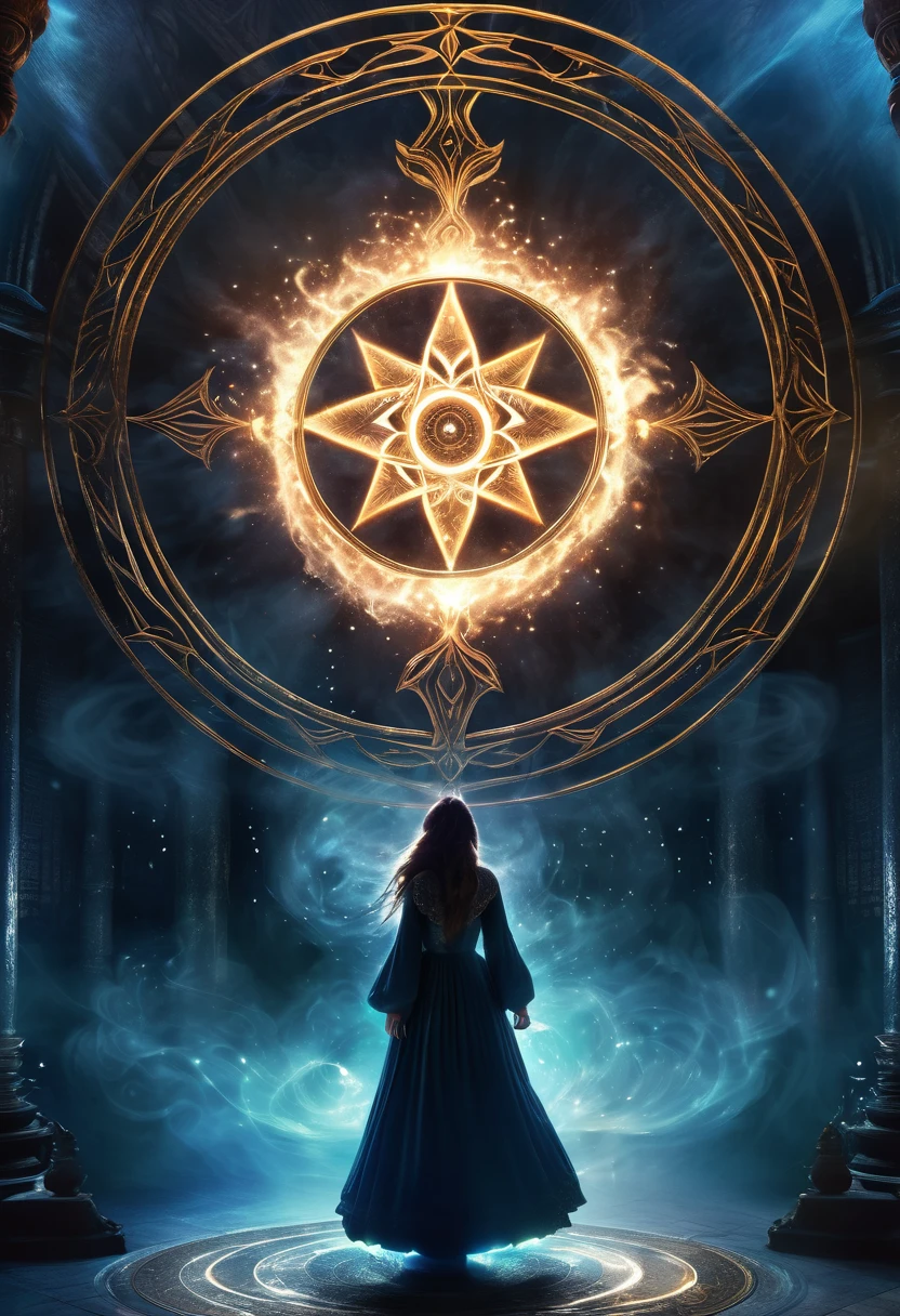 (a girl standing in the center of a magic circle),dark sorcery,detailed engravings,glowing sigils,ancient symbols,spellbinding atmosphere,mystical aura,elaborate patterns,magical flames,flickering candles,smoke swirling,ethereal mist,mysterious glow,dramatic lighting,witchcraft,magical elements,powerful energy,enchanted atmosphere,otherworldly beauty,alluring magic,mesmerizing scene,unearthly power,transcendent charm,beautifully haunting,majestic presence,ethereal essence,intricate design,spell casting,dark and mysterious,magical incantations,whispers of enchantment,spellbound by her presence,dimly lit chamber,supernatural energy,sorceress in the spotlight,entrancing spell,dark arts,mesmerizing movements