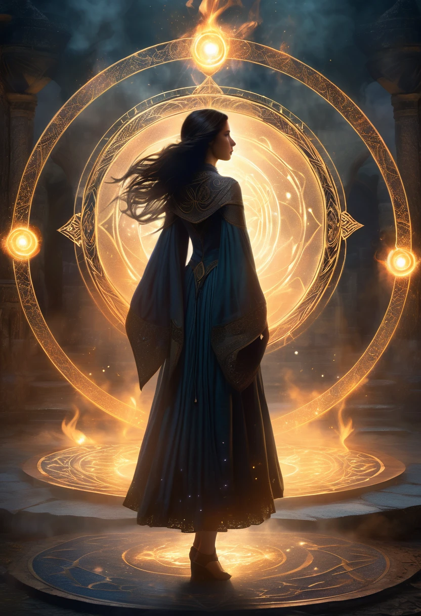 (a girl standing in the center of a magic circle),dark sorcery,detailed engravings,glowing sigils,ancient symbols,spellbinding atmosphere,mystical aura,elaborate patterns,magical flames,flickering candles,smoke swirling,ethereal mist,mysterious glow,dramatic lighting,witchcraft,magical elements,powerful energy,enchanted atmosphere,otherworldly beauty,alluring magic,mesmerizing scene,unearthly power,transcendent charm,beautifully haunting,majestic presence,ethereal essence,intricate design,spell casting,dark and mysterious,magical incantations,whispers of enchantment,spellbound by her presence,dimly lit chamber,supernatural energy,sorceress in the spotlight,entrancing spell,dark arts,mesmerizing movements