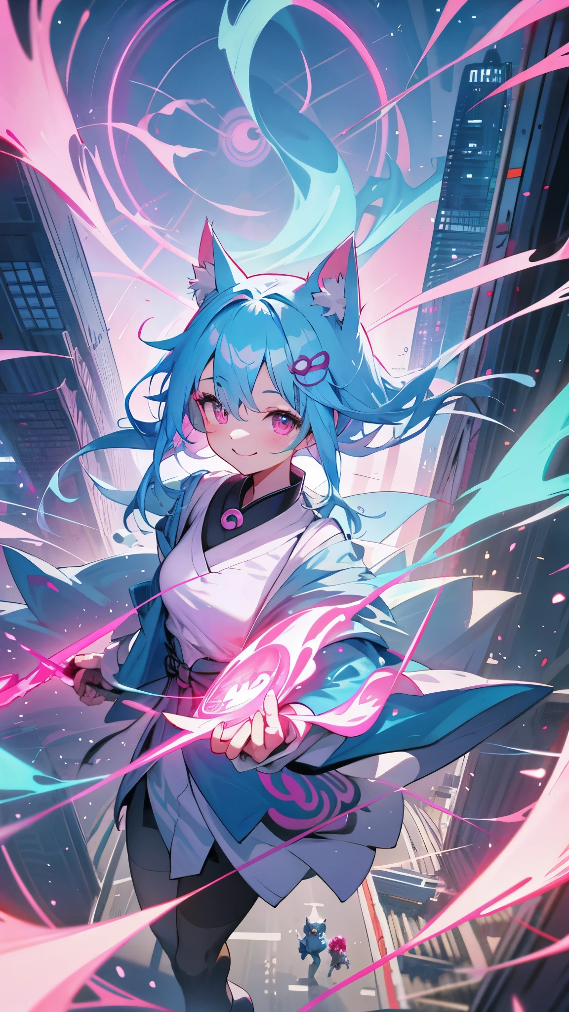 1girl、small breasts、light blue hair、dog ears、pink eyes、A big smile、wizard costume、city of the future、Being in the center of the intersection、Japan Akihabara、vivid colorful paintings、has a cane