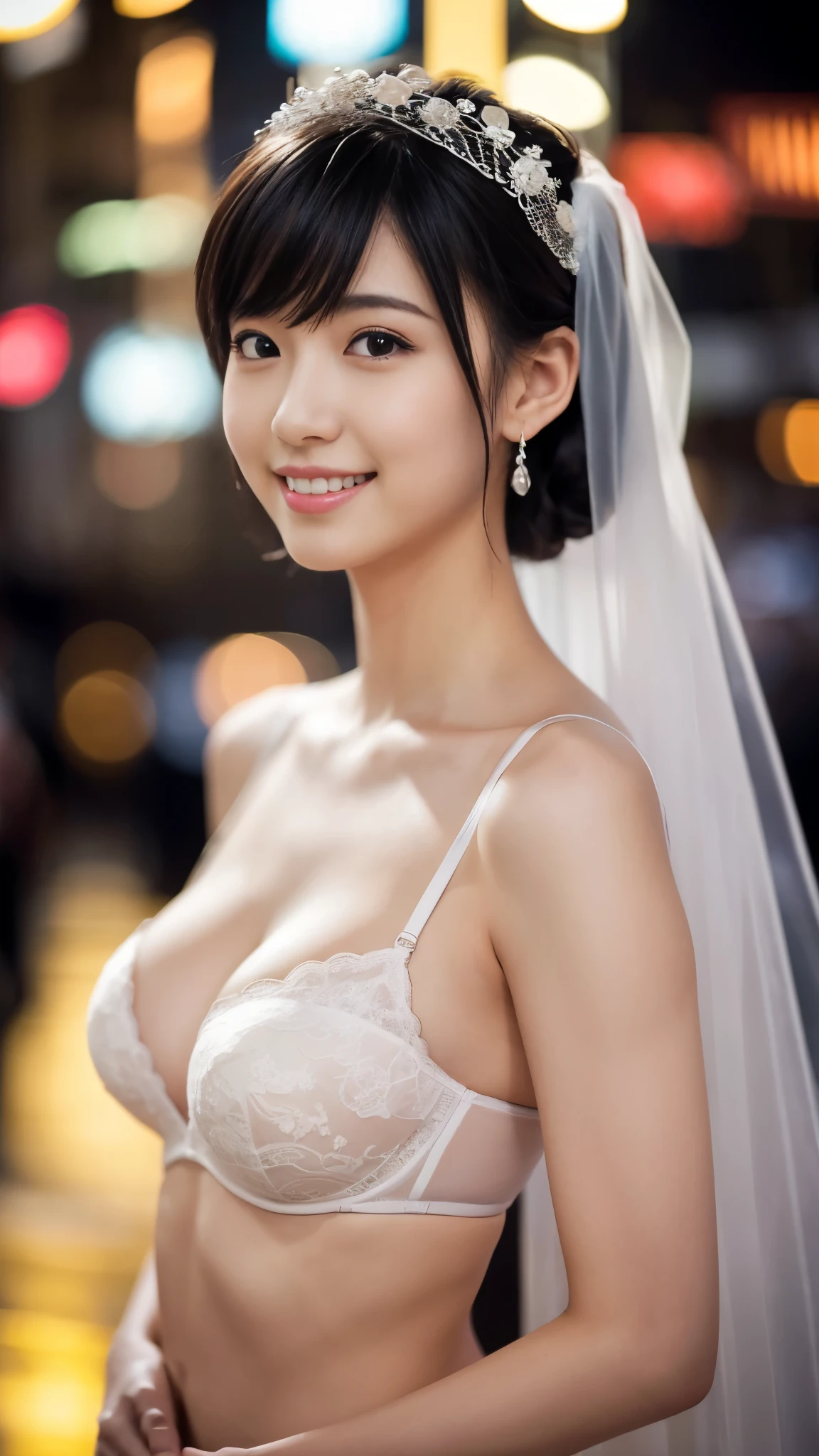 masterpiece, 8k, photorealistic, optimal ratio, detailed face, ((audience monitoring)), , realistic, well-shaped bust, slender body, Photo with upper body facing forward, Detailed and beautiful hair, fine skin, RAW color art, diffused soft lighting, sharp focus, cinematic lighting、smile、bra bride、18-year-old、beauty of japan、short hairstyles、New York night view、、blur the background、upper body photo、white wedding dress、short cut hairstyle、bride in bra