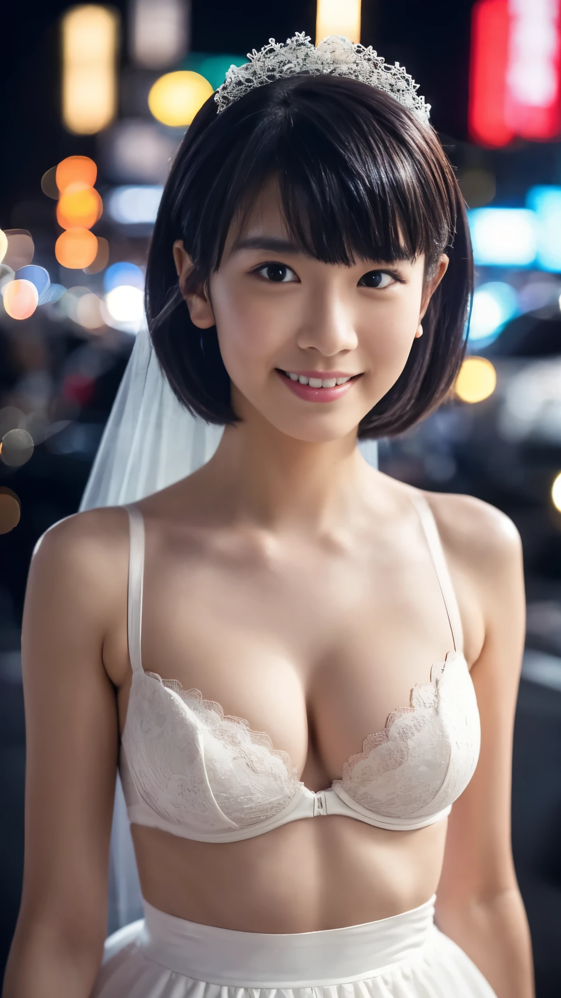 masterpiece, 8k, photorealistic, optimal ratio, detailed face, ((audience monitoring)), , realistic, well-shaped bust, slender body, Photo with upper body facing forward, Detailed and beautiful hair, fine skin, RAW color art, diffused soft lighting, sharp focus, cinematic lighting、smile、bra bride、18-year-old、beauty of japan、short hairstyles、New York night view、、blur the background、upper body photo、white wedding dress、short cut hairstyle、bride in bra
