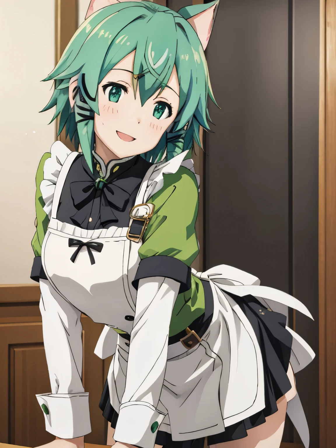 Super detailed, High resolution、green hair, Sinon-ALO、Otherwise, short hair、1 girl, smile、Victoria maid uniform with open chest、morning、absolute reference to center、service、service,leaning forward、