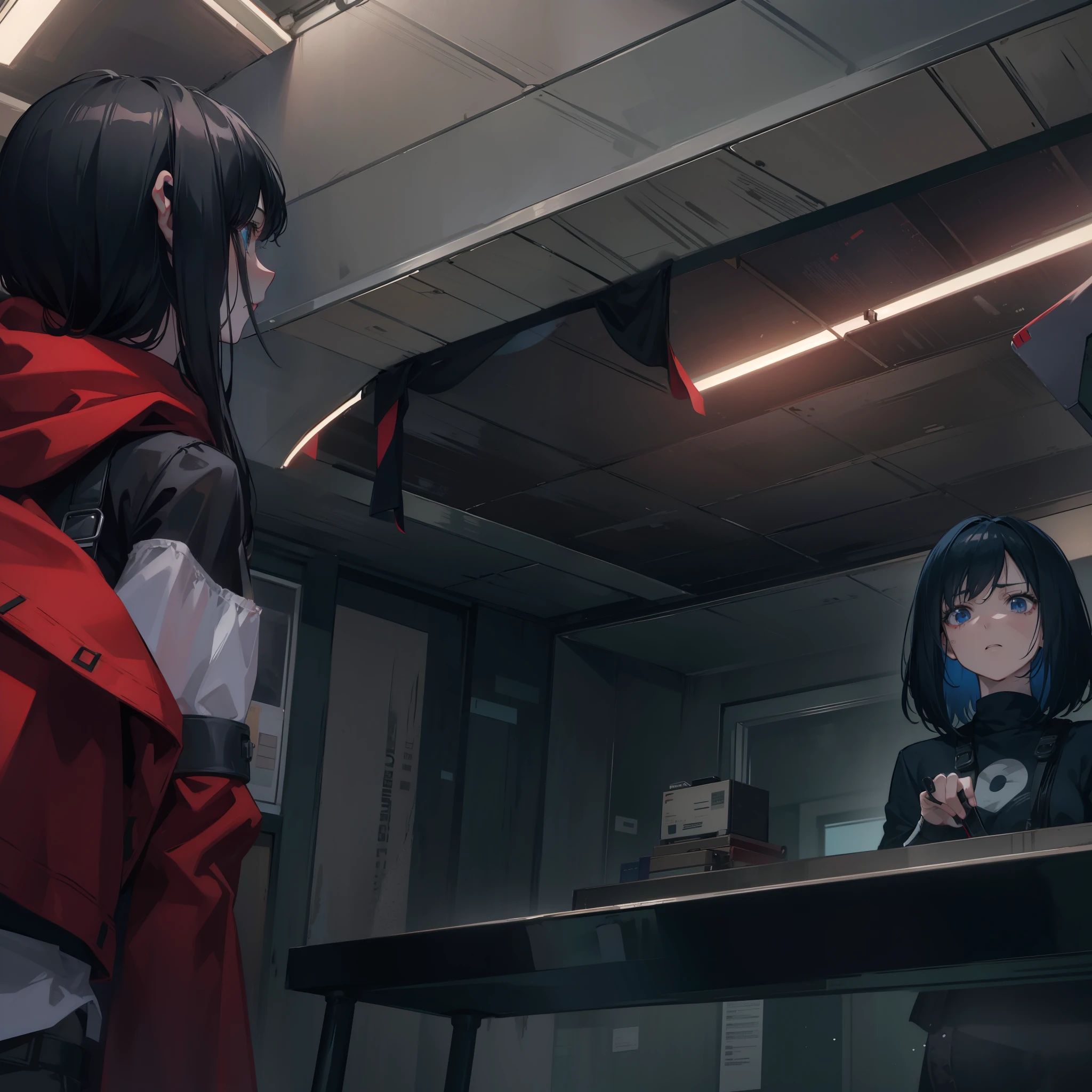 Timeisover is written in red on the mirror., she has black hair with bangs, Still from the music video, 「Ramona flowers」, screenshot of youtube video, Still from the live-action movie, movie screenshot, Angry in the mirror, A scene from a live-action movie, when she looks up at the ceiling, movie still frames, Still from Alita