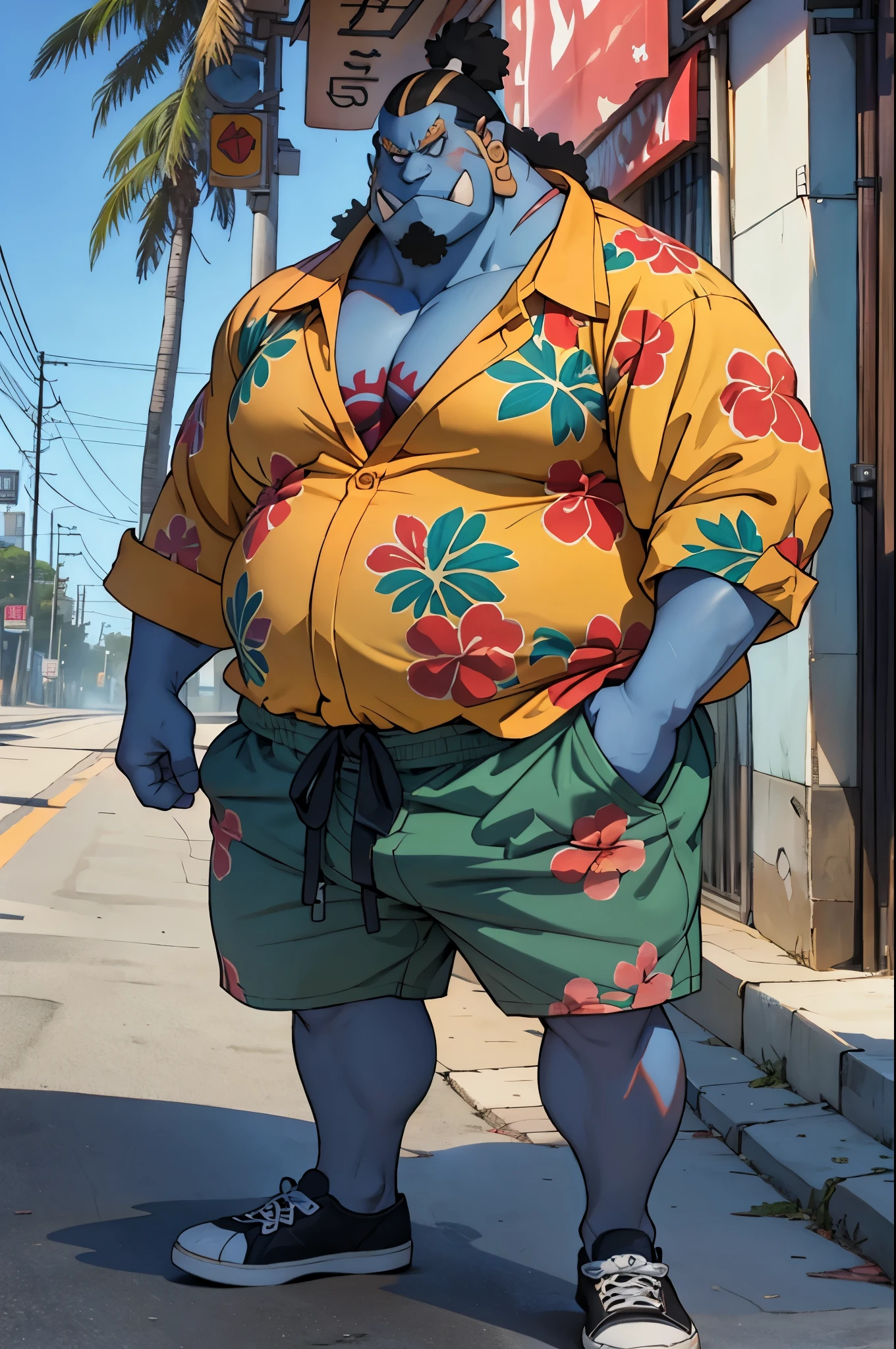 chubby man (jinbei) in street, blue skin, muscular, pectoral, wide pectoral, beach, palm, realistic, 8k, masterpiece, (wearing shorts and Hawaiian shirt, shoes)