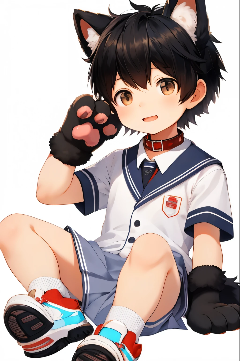 masterpiece, Best Quality, 1boy, black hair,school uniform,Realistic, ((The human)),Shota,fake dog ears,dog collar,fake dog tail,big paw gloves,big paw shoes,fluffy, white background, clean background