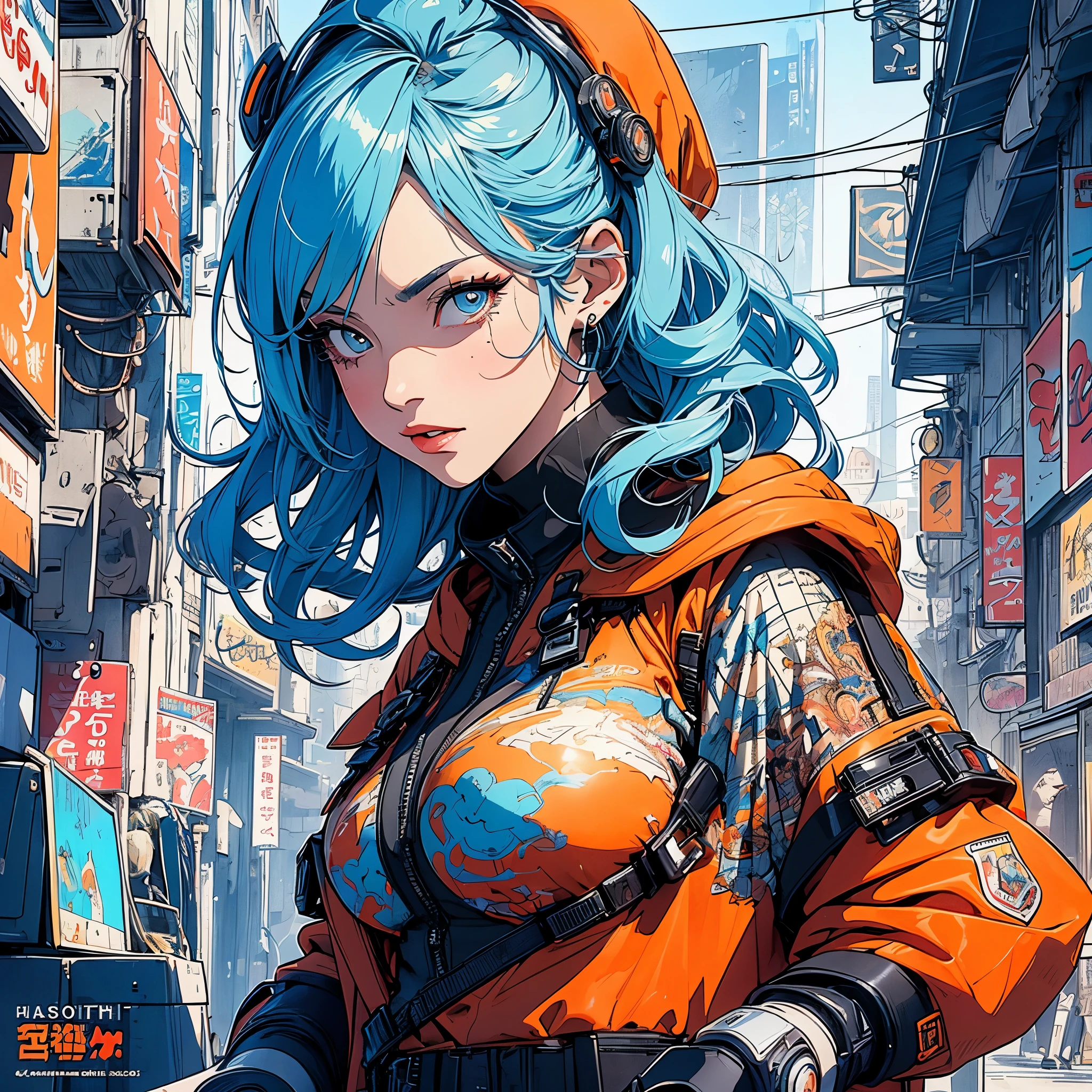 (masterpiece, highest quality), 32K,(highly detailed beautiful woman), poster,SF,1960s,1970s,bauhaus, shape, abstract,movie poster, vintage,retro,futuristic anime,ultimate map,highlight,highly detailed glowing eyes,cleavage,complicated pattern,Stylish hairstyle,fluorescence((orange and blue clothes)),Starry Sky,((Stylish cyberpunk street fashion)),breast enhancement,Gunsmith,cyborg,ninja,samurai