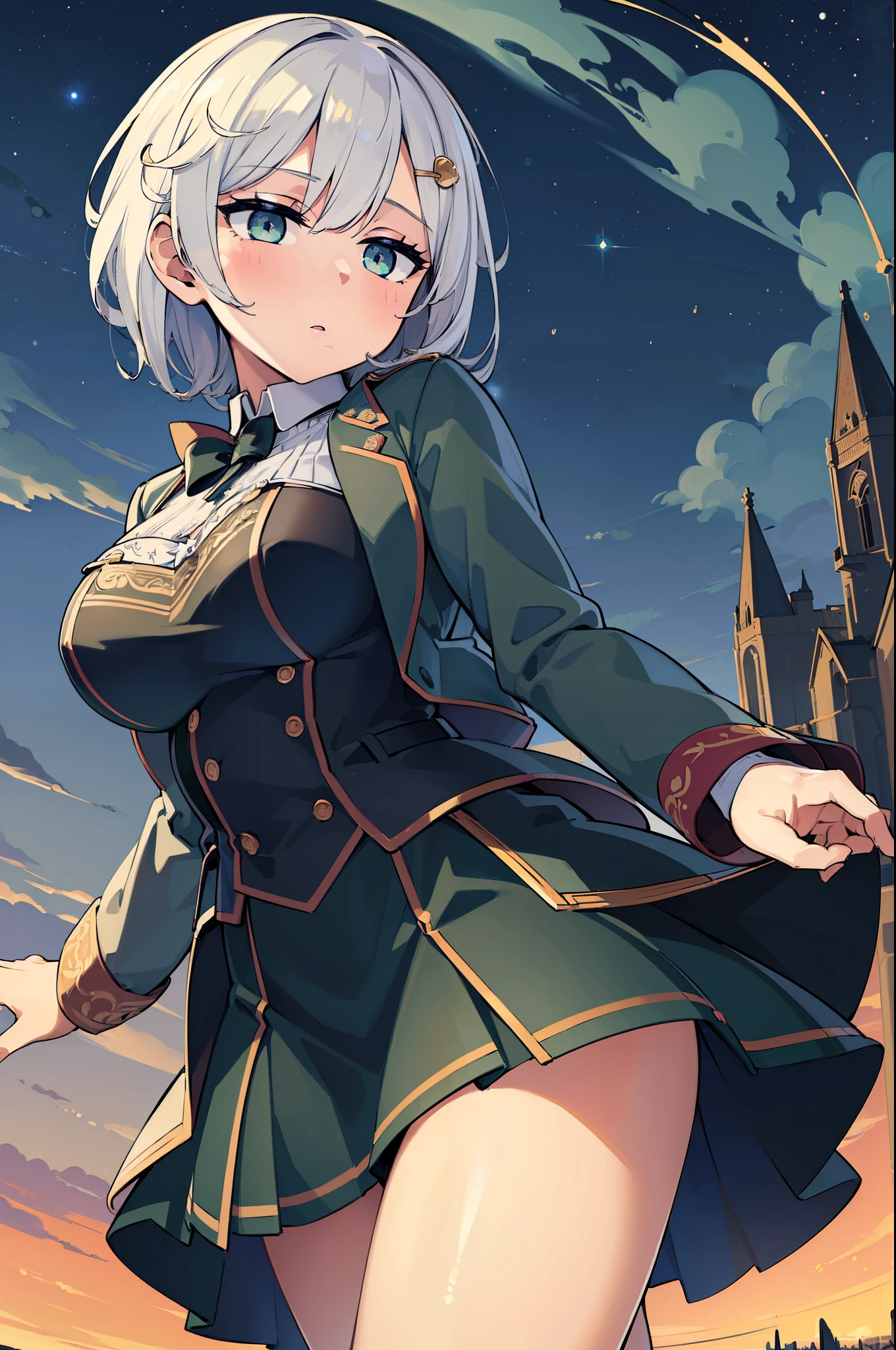 (best quality:1.3), (masterpiece:1.3), (illustration:1.3), (ultra-detailed:1.3), (mid shot:0.9), 1girl, short hair, white hair, green eyes, green blazer, black skirt, looking at viewer, hair ornaments, night sky, starry sky, long hair, large breasts, from front,