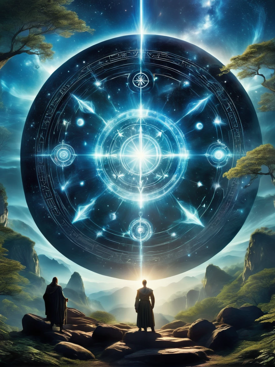 (dark fantasy),(super wide angle),In an ancient forest-surrounded wasteland, a super ancient stone magic circle predates recorded history. Comprised of numerous massive rocks, each bearing the marks of erosion, arranged in a perfect hexagram pointing to various constellations, as if connected to cosmic powers. At its center, the ground is etched with complex runes and mysterious patterns glowing faintly blue under moonlight, serving both as part of a summoning ritual and a container for ancient forces, with their power peaking at night. The surrounding forest seems to shy away, with trees' bent branches whispering warnings. As the stars align on a special night, the sky's energy resonates with the circle's runes, slowly opening a rift from which a creature with eyes like burning coals, made of darkness and fear, steps out, causing the earth to tremble with each step. This scene depicts a mysterious and dangerous moment where an ancient magic circle summons an evil entity under the watchful eyes of the ancient forest,(masterpiece,best quality,ultra high definition,Extremely detailed,illumination)