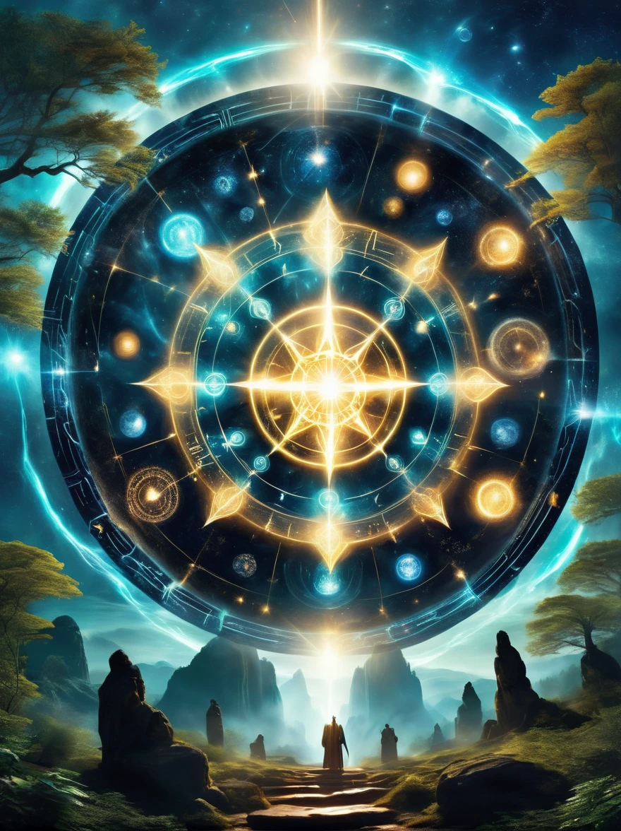 (dark fantasy),(super wide angle),In an ancient forest-surrounded wasteland, a super ancient stone magic circle predates recorded history. Comprised of numerous massive rocks, each bearing the marks of erosion, arranged in a perfect hexagram pointing to various constellations, as if connected to cosmic powers. At its center, the ground is etched with complex runes and mysterious patterns glowing faintly blue under moonlight, serving both as part of a summoning ritual and a container for ancient forces, with their power peaking at night. The surrounding forest seems to shy away, with trees' bent branches whispering warnings. As the stars align on a special night, the sky's energy resonates with the circle's runes, slowly opening a rift from which a creature with eyes like burning coals, made of darkness and fear, steps out, causing the earth to tremble with each step. This scene depicts a mysterious and dangerous moment where an ancient magic circle summons an evil entity under the watchful eyes of the ancient forest,(masterpiece,best quality,ultra high definition,Extremely detailed,illumination)