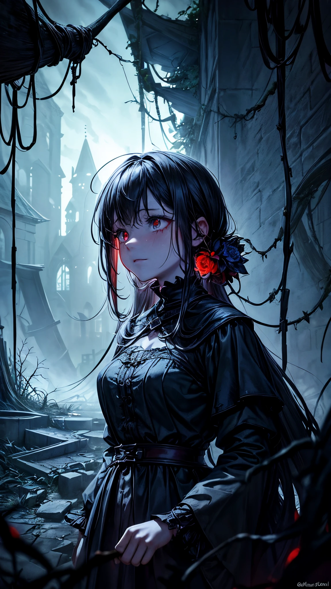 (best quality,high resolution,Super detailed,lifelike:1.2),dark abyss background，underground world,sinister,Girl wearing medieval linen clothes，cry，face close-up,Extremely pale skin,lifeless skin,holding bright red flowers,apocalyptic,ruined medieval town,building collapse,Cracked surface,ominous clouds,blood moon,The ground cracks,dead tree,Overgrown vines,Behind me are huge blue glowing vines，Spooky shadows,eerie silence,The wind howling in the distance,ominous atmosphere,deserted street,falling petals,unforgettably beautiful,Loneliness is in the air,Lost souls wander,Weaving a web of despair,Darkness prevails,Embrace the unknown.