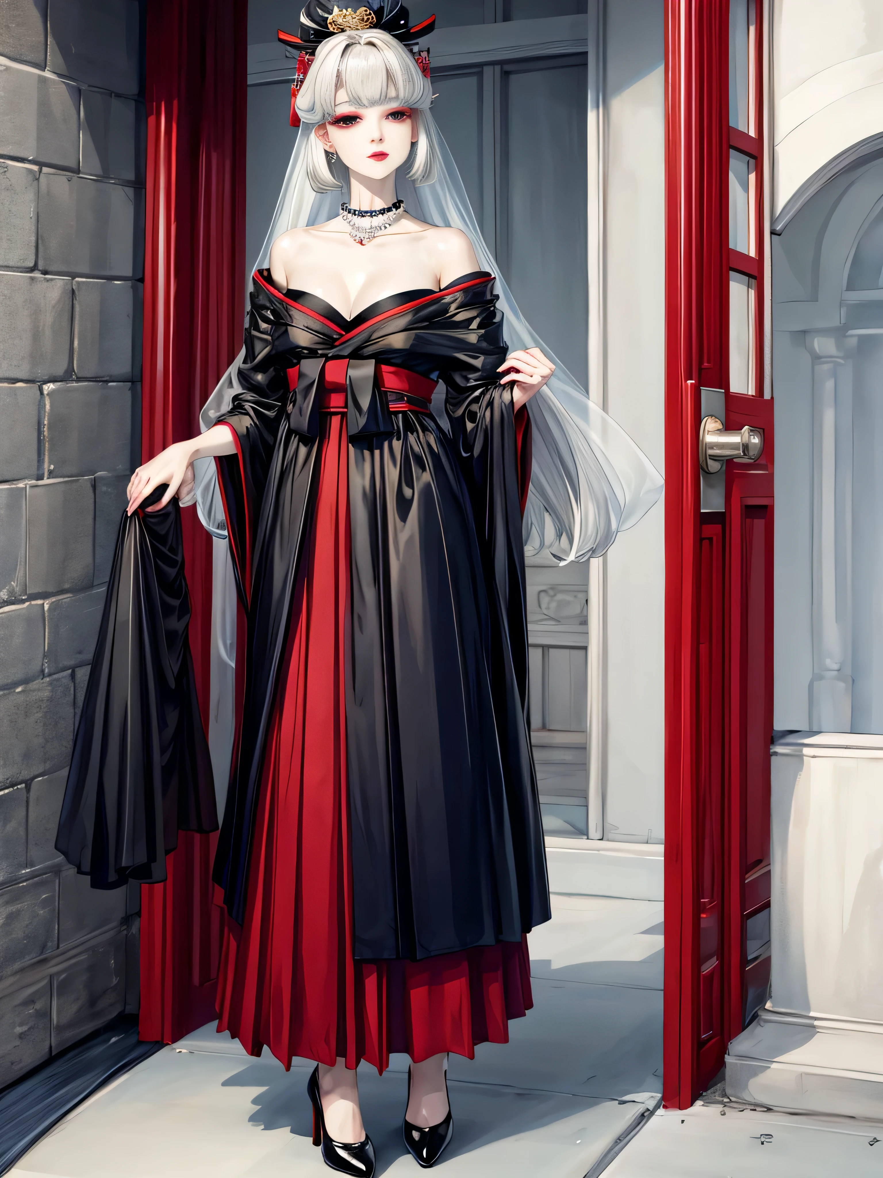 highest quality,masterpiece,shape,an very detailed and beautiful,very detailed,CG,unity,8k wallpaper,wonderful,finely,master,highest quality,1 female, mature woman,  red lips, Calm, intellectual, silk glossy see-through,black face veil , black nylons , silk stockings ,See-through Hakama、transparent black kimono　,sheer lingerie,enamel high heels,pearl necklace,red collar,straight,　black eye，セミロングの黒髪straight,　hair ornaments,　Japanese style room, navy eyeshadow，Enamel Pin Heel
