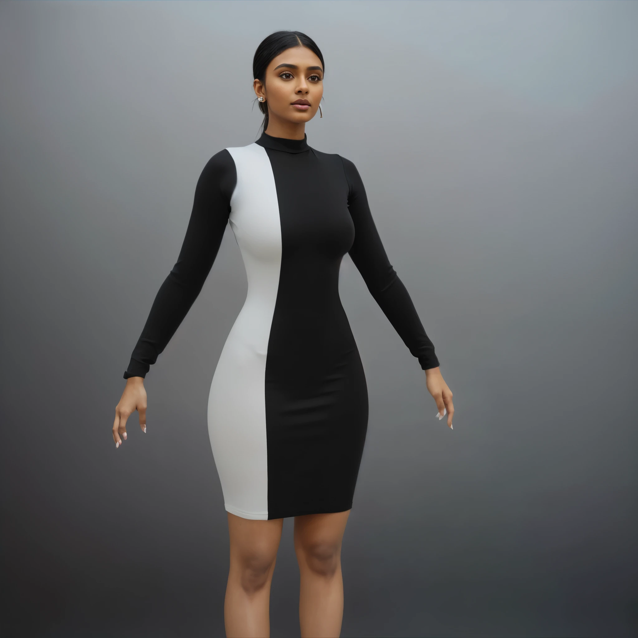 ((Beautiful brown girl, (KIKI Layne), Kylie Jenner, Maitreyi Ramakrishnan, Jessica Alba, 18 years)), ((big round breasts)), big hips, beautiful soft thighs, beautiful legs, wearing black and white cotton-Lycra tight turtleneck long-sleeved dress, Vibrant, vivid, shadows, lumen, HDR, 8k, ((detailed: 1.4)), ((hyper realistic)), Extremely Realistic, Realism, Portrait, Raw photo, Photography, Photorealism, Photoshoot, Instagram vibes, 