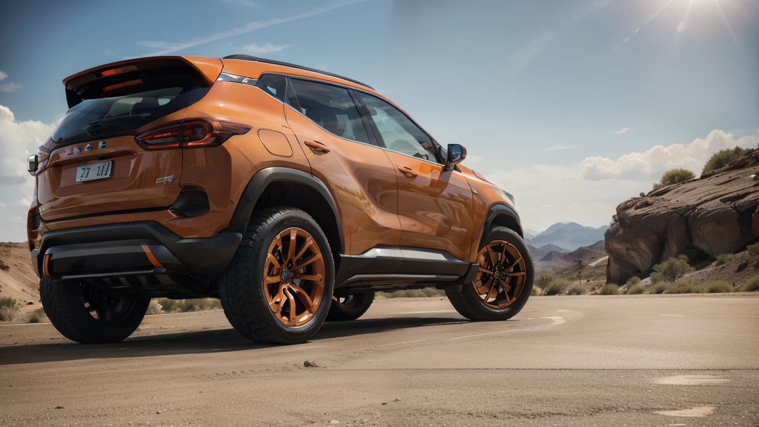 electric concept car. orange color, wide view, 8k, full HD, very detailed, midday sun, fine photography, wide angle photography, ultra realistic, electric color futuristic SUV, tall car, large suv, orange color
