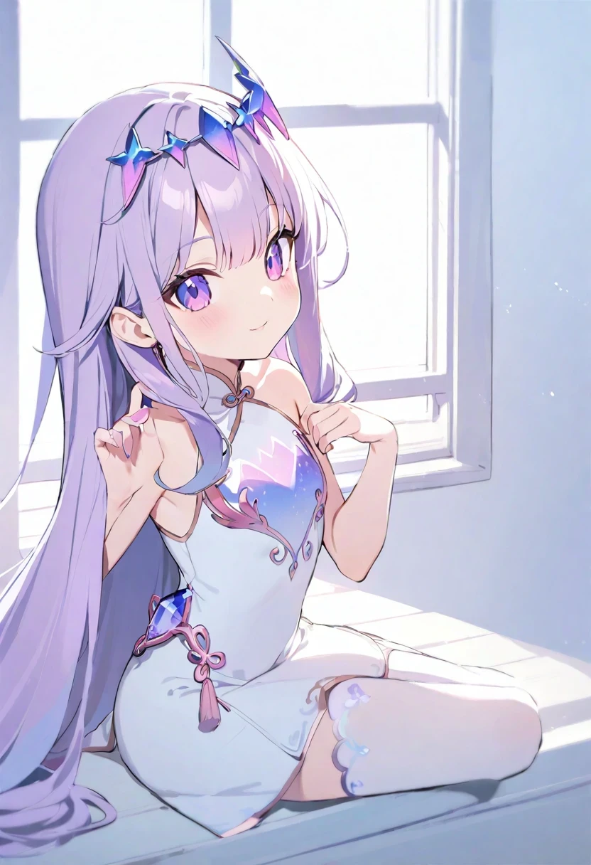 ancient stone jewelry/(Holographic live broadcast/),(beautiful anime girl,Wearing white cheongsam,Strike a charming pose on the windowsill)