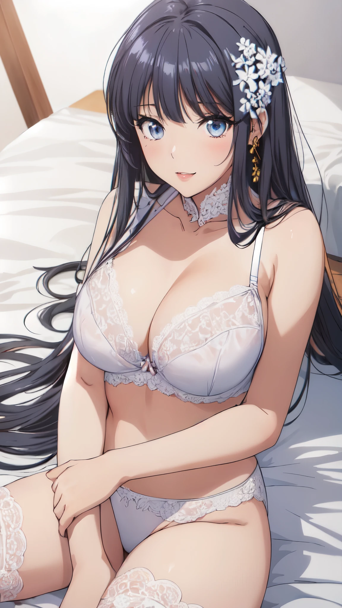 (masterpiece:1.5),(anime character),(view from below:1.4),(bright room:1.3),perfect female body,鮮やかなcolor,perfect lighting,(light from the front,light shines on your face:1.3),(very accurate details,ultra high resolution,Highly detailed CG Unity 8k wallpaper:1.5),(realistic,Photoreal,超realistic:1.5),(curve,model,Glamour:1.4),(slender:1.5),(:1.4),beautiful breasts,color_aberration,beautiful delicate shadows,beautiful eyes,beautiful body,beautiful skin,beautiful hands,(beautiful anime eyes:1.4),shiny hair,(black haired:1.5),(long straight hair:1.5)、(smile,blush:1.4),(girl sleeping on her back:1.3),(Exquisite fabric,pure white bra,highly detailed bra,Rajibra,Ren Hao,lace trim bra,lace trim legwear:1.4),(white top and bottom underwear:1.4),(white hair ornament:1.5),(黄colorの髪留め:1.5),(Very beautiful and mysterious pure white underwear:1.4),big breasts,on the bed,(lie on your back:1.4),white sheets,(hand between legs:1.3),beautiful breasts,(white hair ornament:1.5),(黄colorの髪留め:1.5),blue eyes,(spread legs:1.2),(mouth is slightly open:1.0),(lips:1.4),
big breastsを持つアニメの女の子,(white top and bottom underwear:1.4),(raise one leg:1.3),(black hair:1.4),