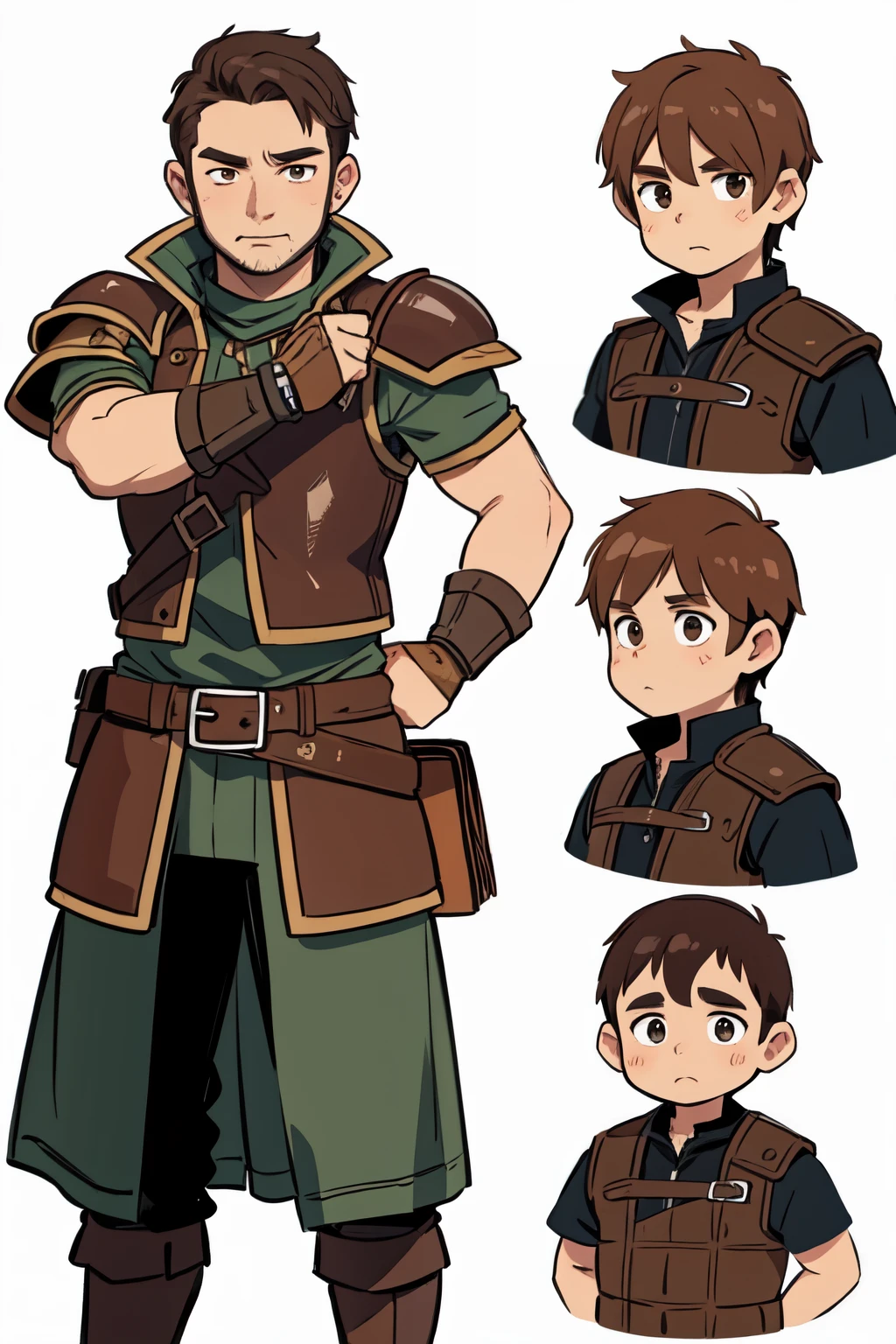 Man, adult , Halfling, Brown hair, leather fantasy armor, adult face
