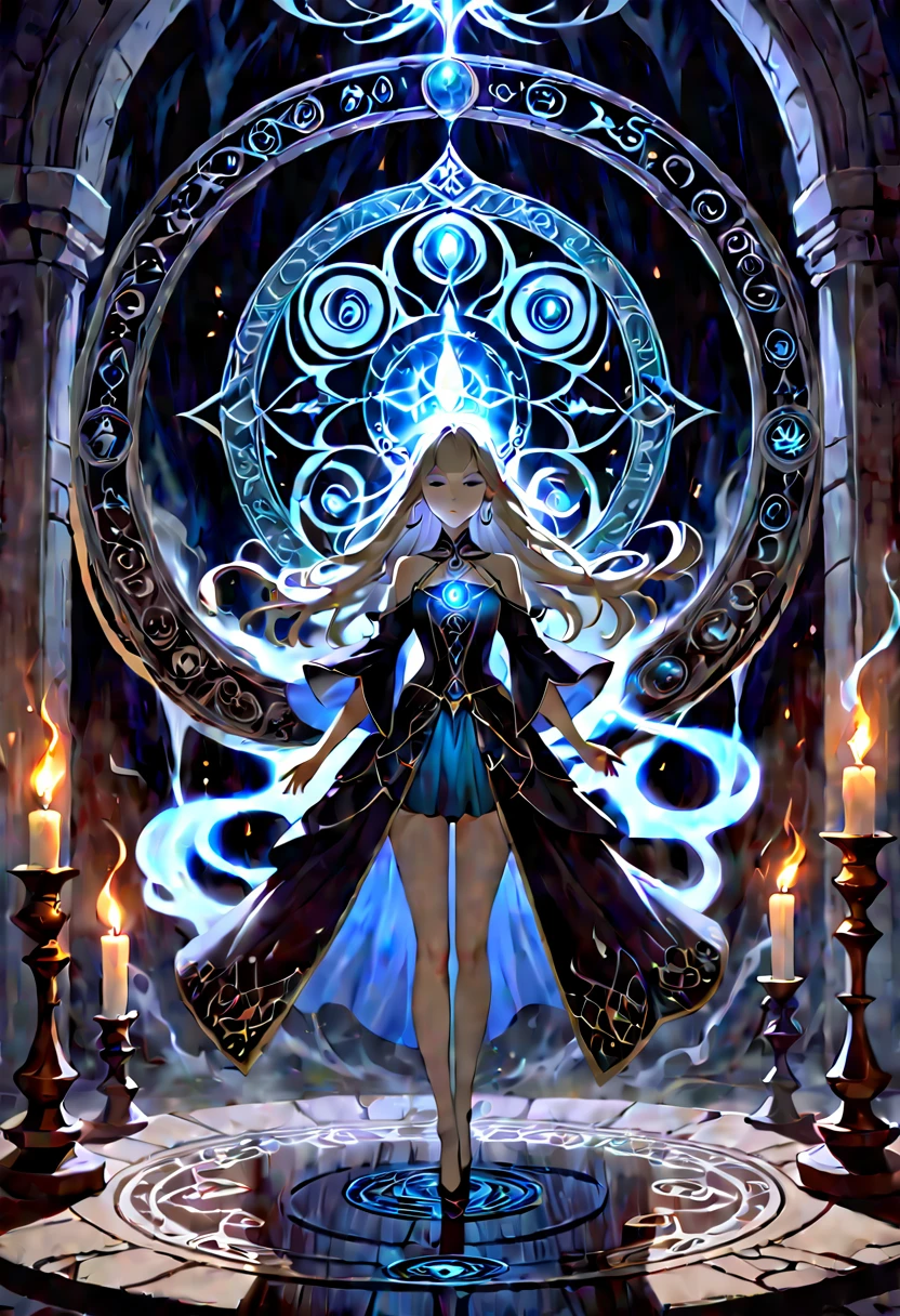 (a girl standing in the center of a magic circle),dark sorcery,detailed engravings,glowing sigils,ancient symbols,spellbinding atmosphere,mystical aura,elaborate patterns,magical flames,flickering candles,smoke swirling,ethereal mist,mysterious glow,dramatic lighting,witchcraft,magical elements,powerful energy,enchanted atmosphere,otherworldly beauty,alluring magic,mesmerizing scene,unearthly power,transcendent charm,beautifully haunting,majestic presence,ethereal essence,intricate design,spell casting,dark and mysterious,magical incantations,whispers of enchantment,spellbound by her presence,dimly lit chamber,supernatural energy,sorceress in the spotlight,entrancing spell,dark arts,mesmerizing movements