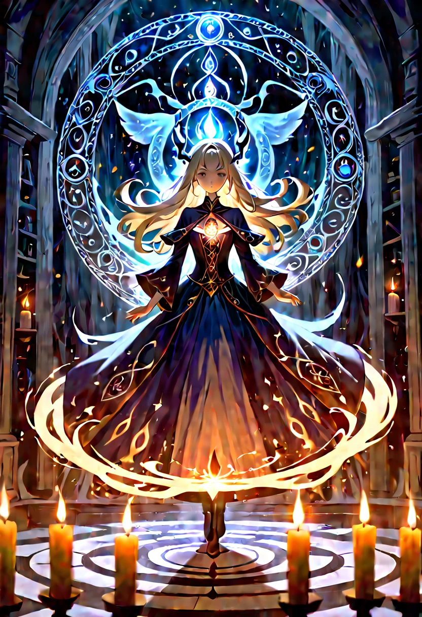 (a girl standing in the center of a magic circle),dark sorcery,detailed engravings,glowing sigils,ancient symbols,spellbinding atmosphere,mystical aura,elaborate patterns,magical flames,flickering candles,smoke swirling,ethereal mist,mysterious glow,dramatic lighting,witchcraft,magical elements,powerful energy,enchanted atmosphere,otherworldly beauty,alluring magic,mesmerizing scene,unearthly power,transcendent charm,beautifully haunting,majestic presence,ethereal essence,intricate design,spell casting,dark and mysterious,magical incantations,whispers of enchantment,spellbound by her presence,dimly lit chamber,supernatural energy,sorceress in the spotlight,entrancing spell,dark arts,mesmerizing movements