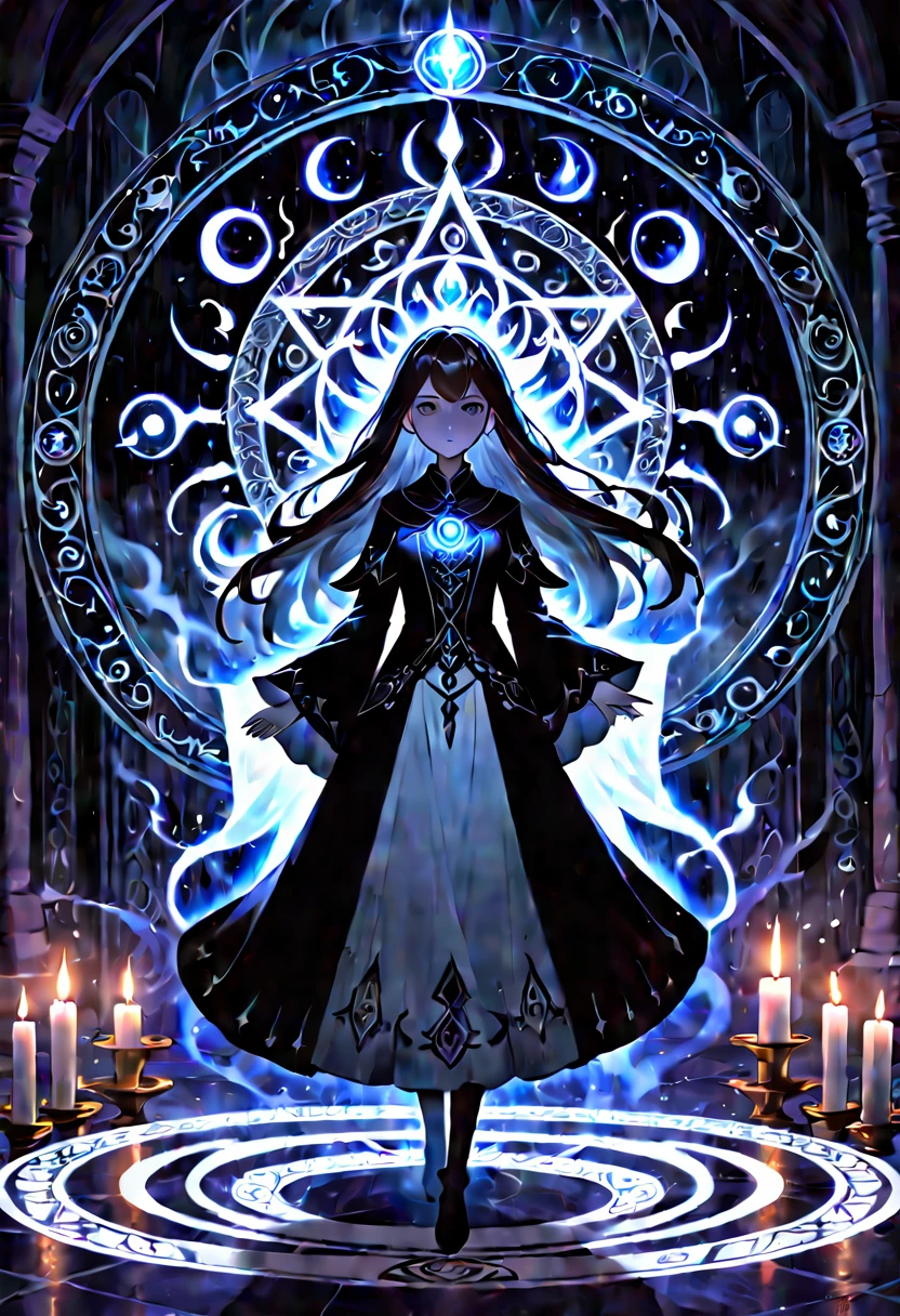 (a girl standing in the center of a magic circle),dark sorcery,detailed engravings,glowing sigils,ancient symbols,spellbinding atmosphere,mystical aura,elaborate patterns,magical flames,flickering candles,smoke swirling,ethereal mist,mysterious glow,dramatic lighting,witchcraft,magical elements,powerful energy,enchanted atmosphere,otherworldly beauty,alluring magic,mesmerizing scene,unearthly power,transcendent charm,beautifully haunting,majestic presence,ethereal essence,intricate design,spell casting,dark and mysterious,magical incantations,whispers of enchantment,spellbound by her presence,dimly lit chamber,supernatural energy,sorceress in the spotlight,entrancing spell,dark arts,mesmerizing movements