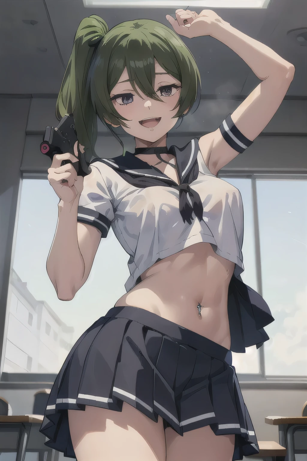 ,ubel,long hair,side ponytail,hair between eyes,bangs,black choker, masterpiece, best quality, highly detailed, a anime girls in sailor uniforms with a gun posing for a picture,
evil smile, smile, open mouth,black_serafuku, ecchi anime style, anime girls , (nsfw) not safe for work,
ecchi style, ecchi, shipgirls, digital anime art!!, high school girls, in anime style, official artwork, beautiful
anime high school girl, anime style 4 k, micro skirt, exposed belly, exposed navel, exposed midriff,
exposed lower belly,school, classroom, navel piercing