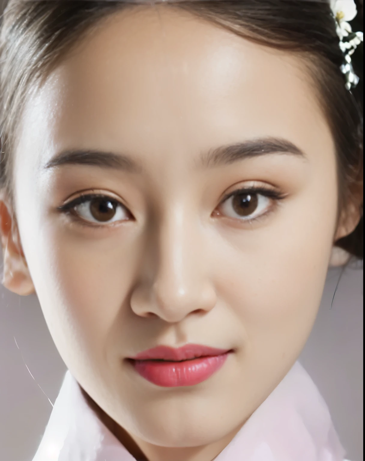 a close up of a woman with a flower in her hair, young adorable korean face, korean face features, inspired by Sim Sa-jeong, korean symmetrical face, wan adorable korean face, photorealistic beautiful face, beautiful south korean woman, realistic beautiful face, inspired by Yun Du-seo, beautiful realistic face, hyperrealistic beautiful face, beautiful delicate face