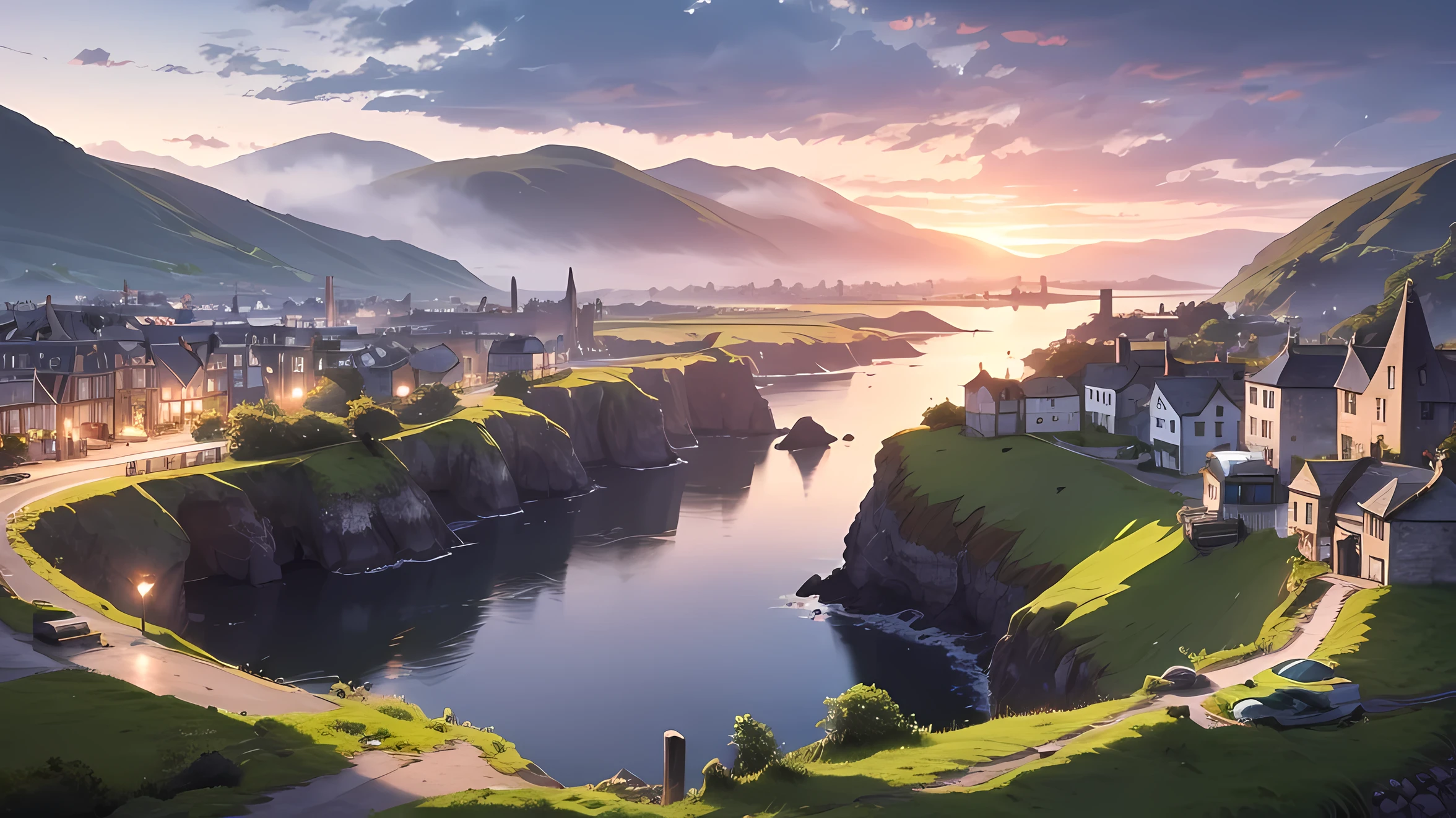 Eine alte Hafenstadt in Irland an einem nebligen Sonnenaufgangsabend, Im Hintergrund der Stadt liegt ein tiefer Wald und Felder. Meisterwerk, 8k, Anime-Stil