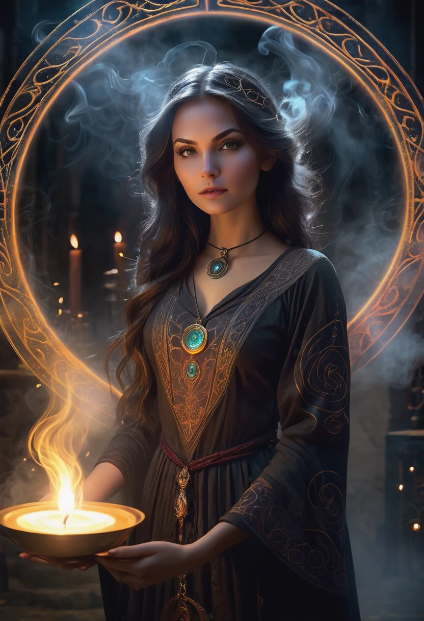 (a girl standing in the center of a magic circle),dark sorcery,detailed engravings,glowing sigils,ancient symbols,spellbinding atmosphere,mystical aura,elaborate patterns,magical flames,flickering candles,smoke swirling,ethereal mist,mysterious glow,dramatic lighting,witchcraft,magical elements,powerful energy,enchanted atmosphere,otherworldly beauty,alluring magic,mesmerizing scene,unearthly power,transcendent charm,beautifully haunting,majestic presence,ethereal essence,intricate design,spell casting,dark and mysterious,magical incantations,whispers of enchantment,spellbound by her presence,dimly lit chamber,supernatural energy,sorceress in the spotlight,entrancing spell,dark arts,mesmerizing movements