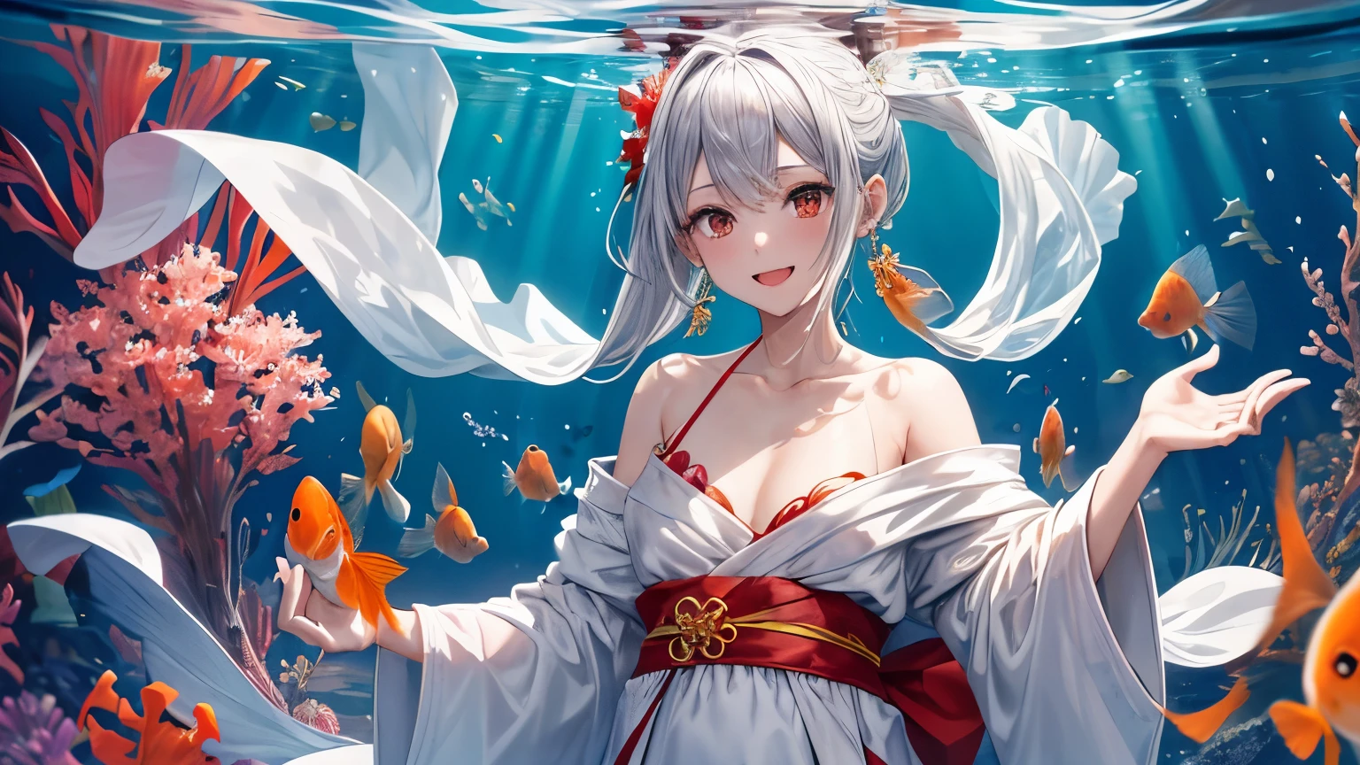 1 girl ,earrings,Goldfish ,precious stones ,sash,underwater ,Goldfish,White flower ,Akame,Behold ,get up, gray hair,clavicle,length、generally、Kamimei、looking at the viewer、white dress、Red Heavenly Woman's Robe、cleavage、smile
