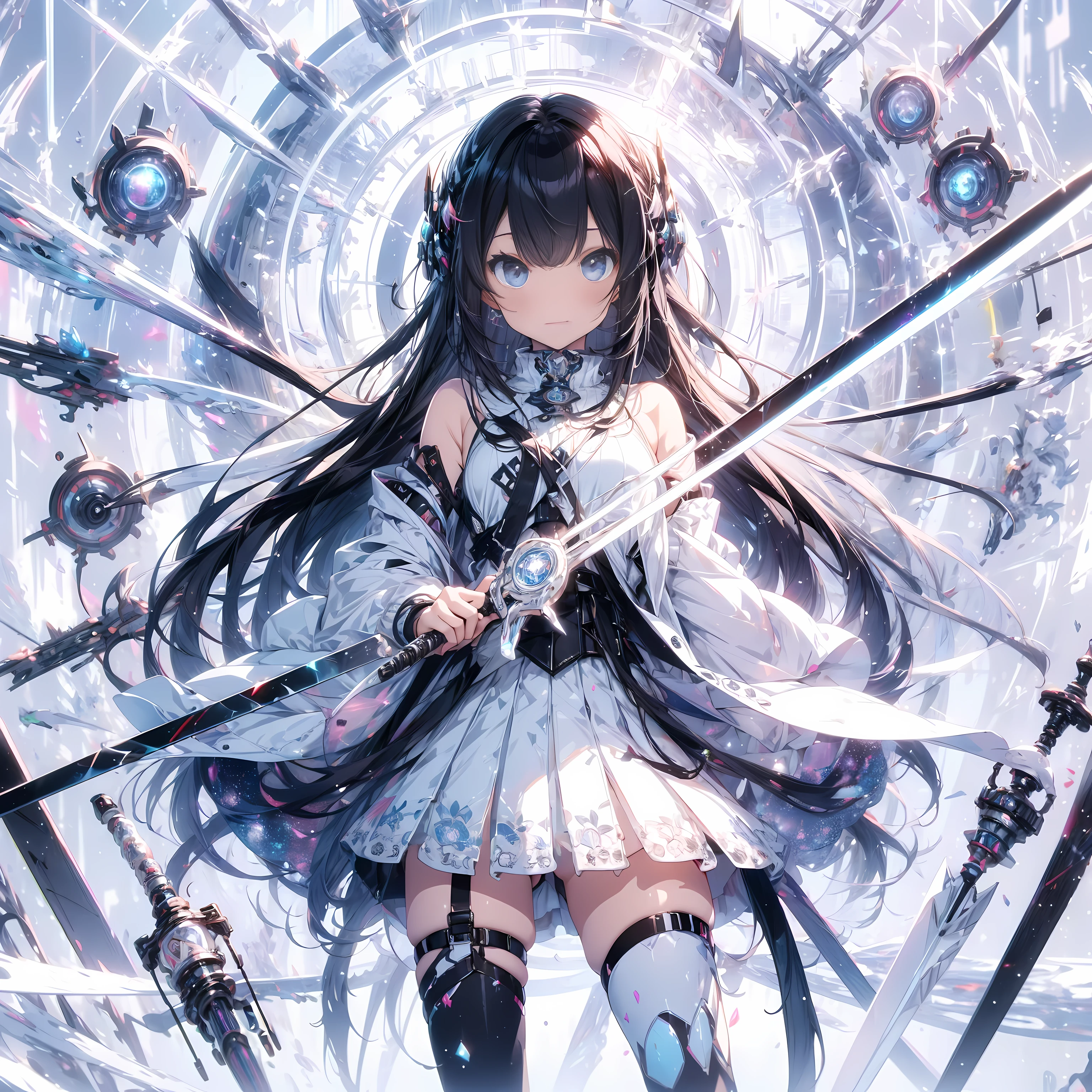 Create ultra-high definition, Masterpiece quality images with white theme, Featuring a cute anime girl with long black hair in a cool pose, Attack with a high-tech sword. The scene has、Contains numerous holographic swords floating in a circle, Each contains countless complex parts, Set in a predominantly white cyberpunk environment. The scene is enriched with holographic elements and light particles, Emphasizes futuristic and fantastical aesthetics. An image that captures the essence of purity and sophistication in the highest quality and beauty., A super detailed display of a girl and her holographic sword, Super-resolution visuals that highlight the intricate details of your scenes.