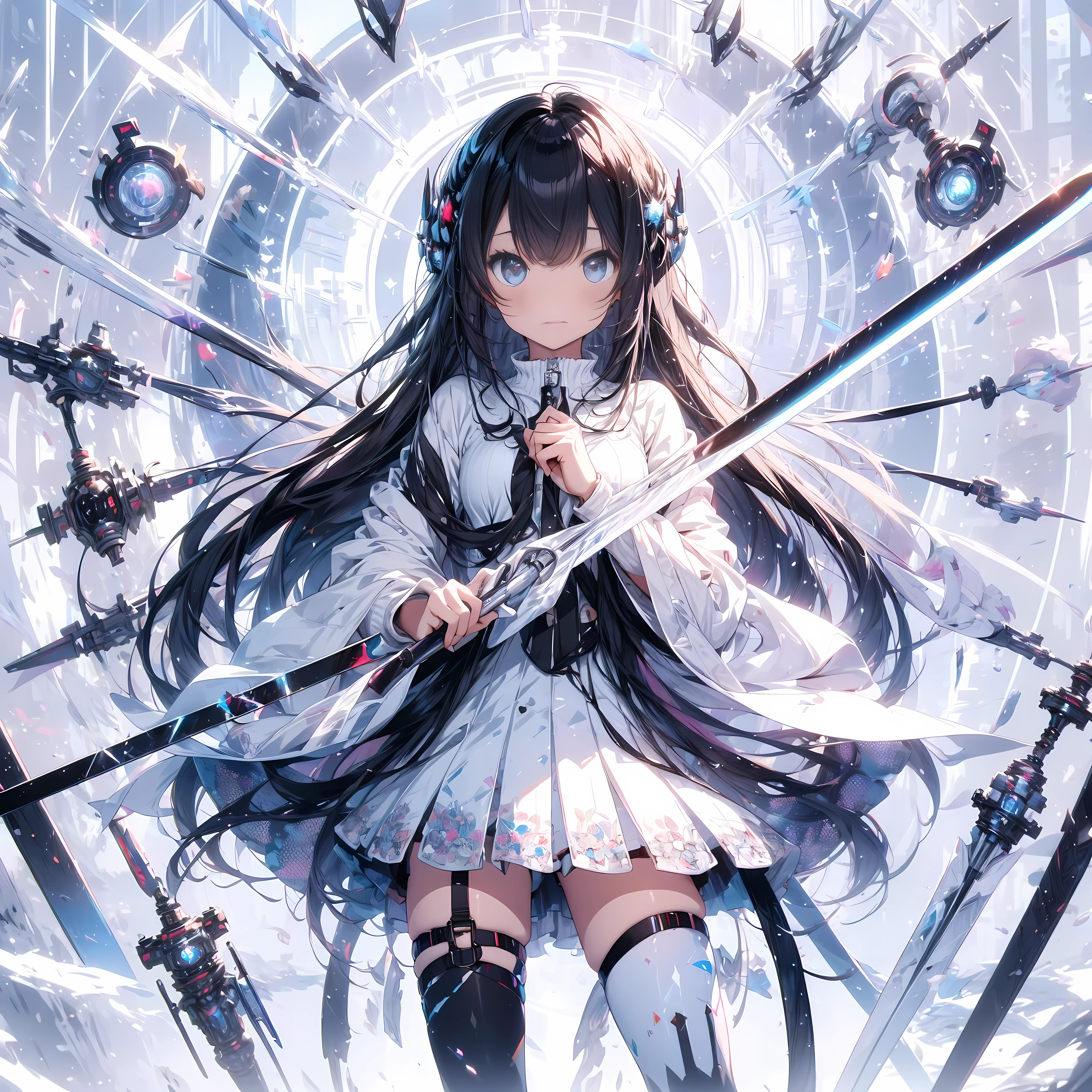 Create ultra-high definition, Masterpiece quality images with white theme, Featuring a cute anime girl with long black hair in a cool pose, Attack with a high-tech sword. The scene has、Contains numerous holographic swords floating in a circle, Each contains countless complex parts, Set in a predominantly white cyberpunk environment. The scene is enriched with holographic elements and light particles, Emphasizes futuristic and fantastical aesthetics. An image that captures the essence of purity and sophistication in the highest quality and beauty., A super detailed display of a girl and her holographic sword, Super-resolution visuals that highlight the intricate details of your scenes.