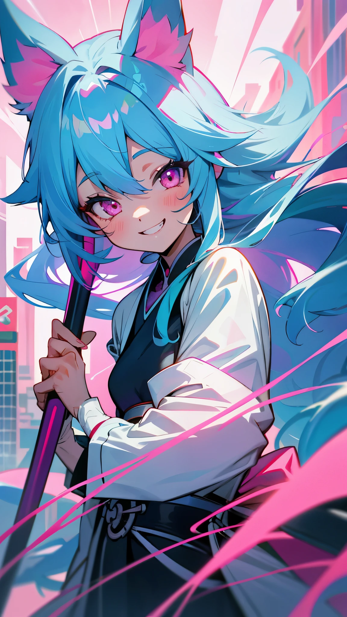 1girl、small breasts、light blue hair、dog ears、pink eyes、A big smile、city of the future、Being in the center of the intersection、Japan Akihabara、vivid colorful paintings、has a cane