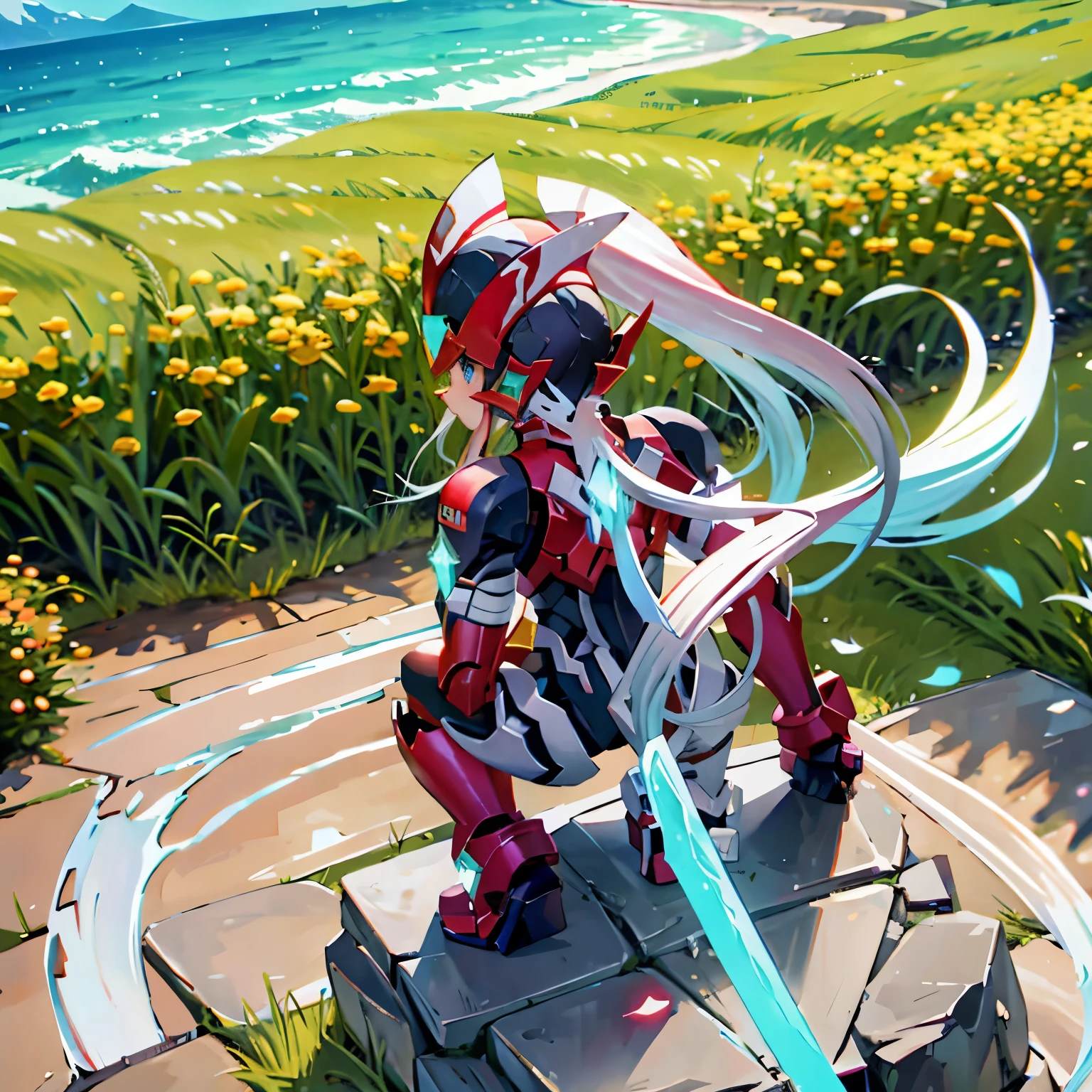 megzeromyth2023, 1boy, long white hair, red armor, green energy sword, 8k, uhd, high quality, masterpiece, overlooking the ocean on the edge of a rock, in the style of avian-themed, realistic yet stylized, villagecore, azure, orange and azure, dragoncore, aerial view