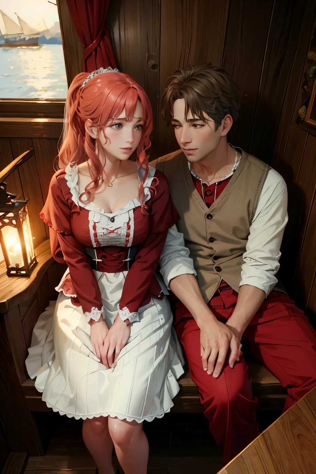 Capitana Rosa and her husband, dressed in red clothing and married with a wedding ring, are aboard a boat sailing on the sea. The intricate details of their attire and the realistic CGI rendering are brought to life with Octane render technology. Top light illuminates the scene cinematically, and the camera is positioned low with an ISO of 200, capturing the 8K image.