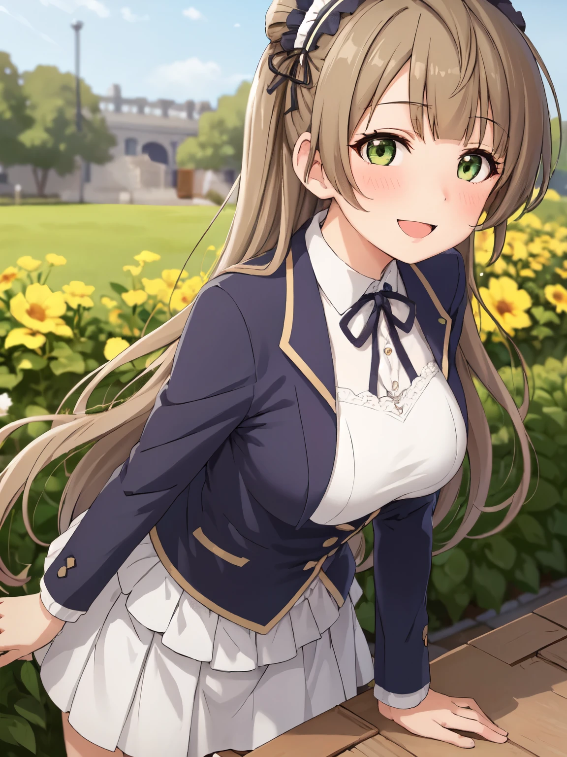 highest quality、leaning forward,place your arms behind your back、 [3D images:1.15]、garden、big breasts、全体的にlong hair、1 girl, smile, Kotori, long hair, brown hair、bright eyes、open chest、goth style、gothic ta clothing、Cute skirt、skirt, white skirt、absolute reference to center、leaning forward