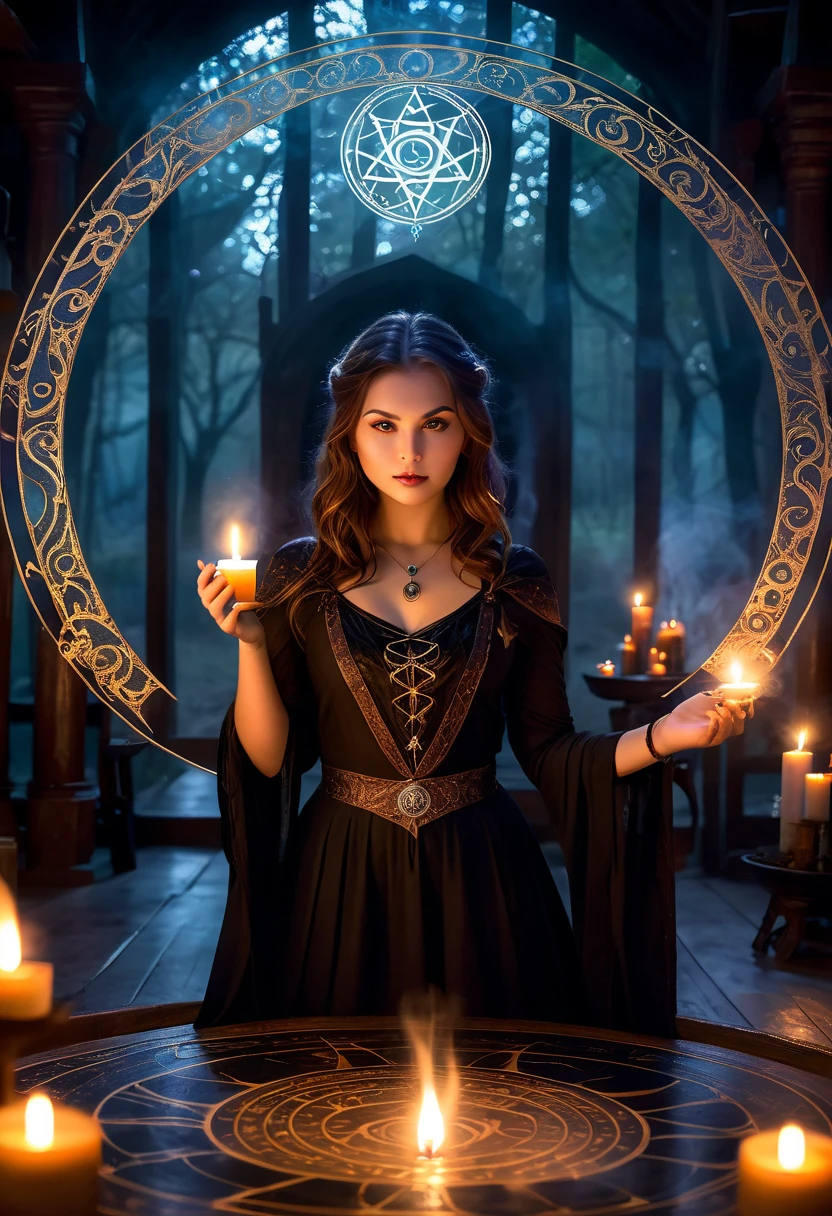 (a girl standing in the center of a magic circle),dark sorcery,detailed engravings,glowing sigils,ancient symbols,spellbinding atmosphere,mystical aura,elaborate patterns,magical flames,flickering candles,smoke swirling,ethereal mist,mysterious glow,dramatic lighting,witchcraft,magical elements,powerful energy,enchanted atmosphere,otherworldly beauty,alluring magic,mesmerizing scene,unearthly power,transcendent charm,beautifully haunting,majestic presence,ethereal essence,intricate design,spell casting,dark and mysterious,magical incantations,whispers of enchantment,spellbound by her presence,dimly lit chamber,supernatural energy,sorceress in the spotlight,entrancing spell,dark arts,mesmerizing movements