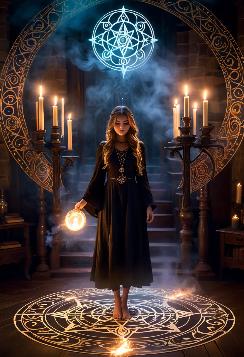 (a girl standing in the center of a magic circle),dark sorcery,detailed engravings,glowing sigils,ancient symbols,spellbinding atmosphere,mystical aura,elaborate patterns,magical flames,flickering candles,smoke swirling,ethereal mist,mysterious glow,dramatic lighting,witchcraft,magical elements,powerful energy,enchanted atmosphere,otherworldly beauty,alluring magic,mesmerizing scene,unearthly power,transcendent charm,beautifully haunting,majestic presence,ethereal essence,intricate design,spell casting,dark and mysterious,magical incantations,whispers of enchantment,spellbound by her presence,dimly lit chamber,supernatural energy,sorceress in the spotlight,entrancing spell,dark arts,mesmerizing movements