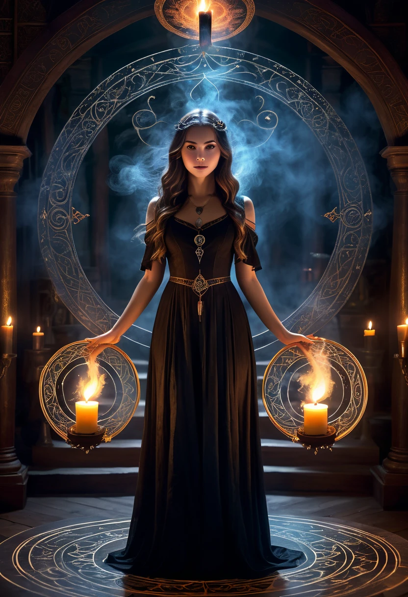 (a girl standing in the center of a magic circle),dark sorcery,detailed engravings,glowing sigils,ancient symbols,spellbinding atmosphere,mystical aura,elaborate patterns,magical flames,flickering candles,smoke swirling,ethereal mist,mysterious glow,dramatic lighting,witchcraft,magical elements,powerful energy,enchanted atmosphere,otherworldly beauty,alluring magic,mesmerizing scene,unearthly power,transcendent charm,beautifully haunting,majestic presence,ethereal essence,intricate design,spell casting,dark and mysterious,magical incantations,whispers of enchantment,spellbound by her presence,dimly lit chamber,supernatural energy,sorceress in the spotlight,entrancing spell,dark arts,mesmerizing movements