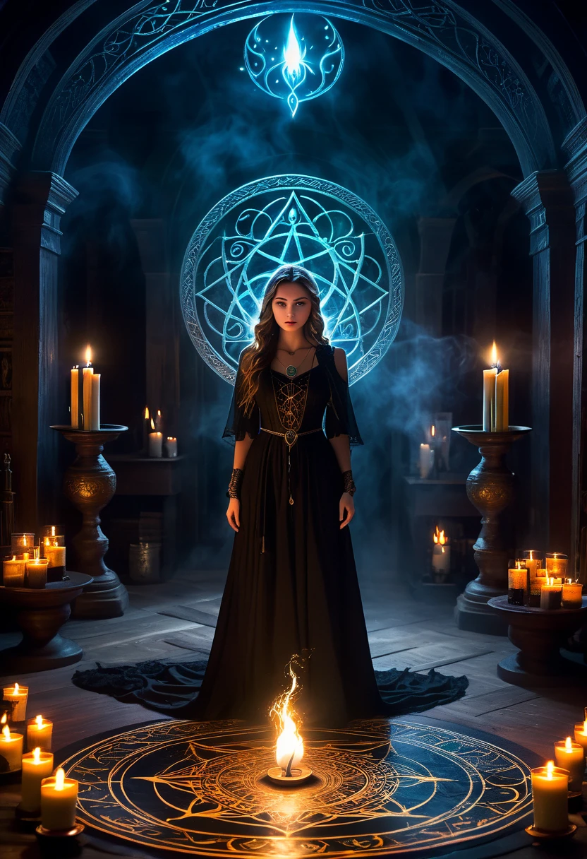 (a girl standing in the center of a magic circle),dark sorcery,detailed engravings,glowing sigils,ancient symbols,spellbinding atmosphere,mystical aura,elaborate patterns,magical flames,flickering candles,smoke swirling,ethereal mist,mysterious glow,dramatic lighting,witchcraft,magical elements,powerful energy,enchanted atmosphere,otherworldly beauty,alluring magic,mesmerizing scene,unearthly power,transcendent charm,beautifully haunting,majestic presence,ethereal essence,intricate design,spell casting,dark and mysterious,magical incantations,whispers of enchantment,spellbound by her presence,dimly lit chamber,supernatural energy,sorceress in the spotlight,entrancing spell,dark arts,mesmerizing movements